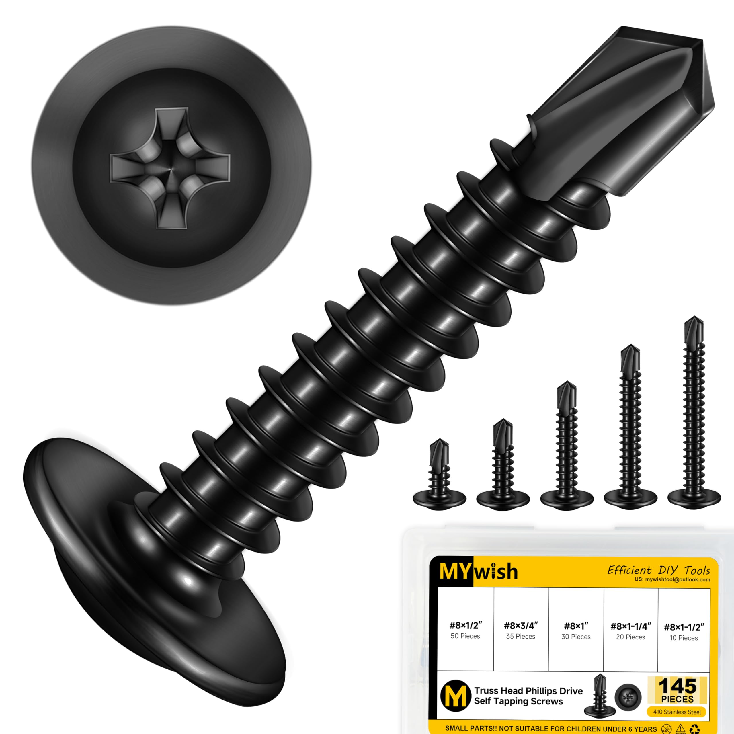 Mywish 145 Pieces #8 Self Tapping Screws Assortment Kit for Metal, Length 1/2"-1-1/2", 410 Stainless Steel Truss Head Self-Drilling Screws Black