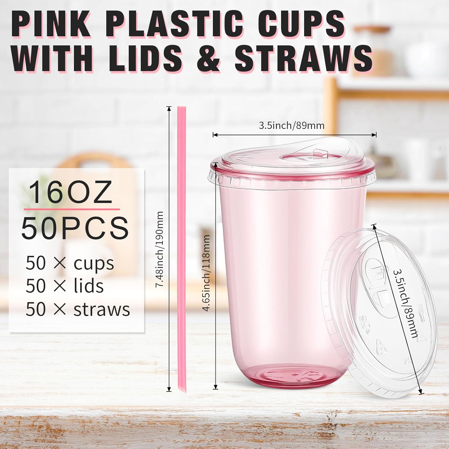 50 Pack 16oz Pink Clear Plastic Cups with Lids and Straws, PET Disposable Drinking Cups, Disposable Iced Coffee Cup for Smoothies, Cold Drinks, Parties, Wedding, Meeting, Drink Shops - Image 3