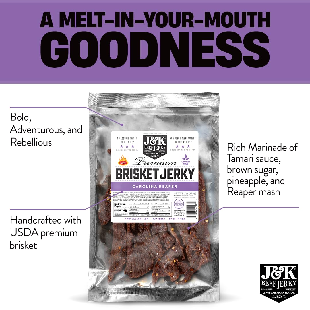 J&K Jerky Carolina Reaper Beef Brisket Jerky - Small Batch American Made Slab Beef Jerky's Spicy and Savory Snack with a Kick - Bold & Flavorful Snack! - 7oz Big Bag of Jerky's