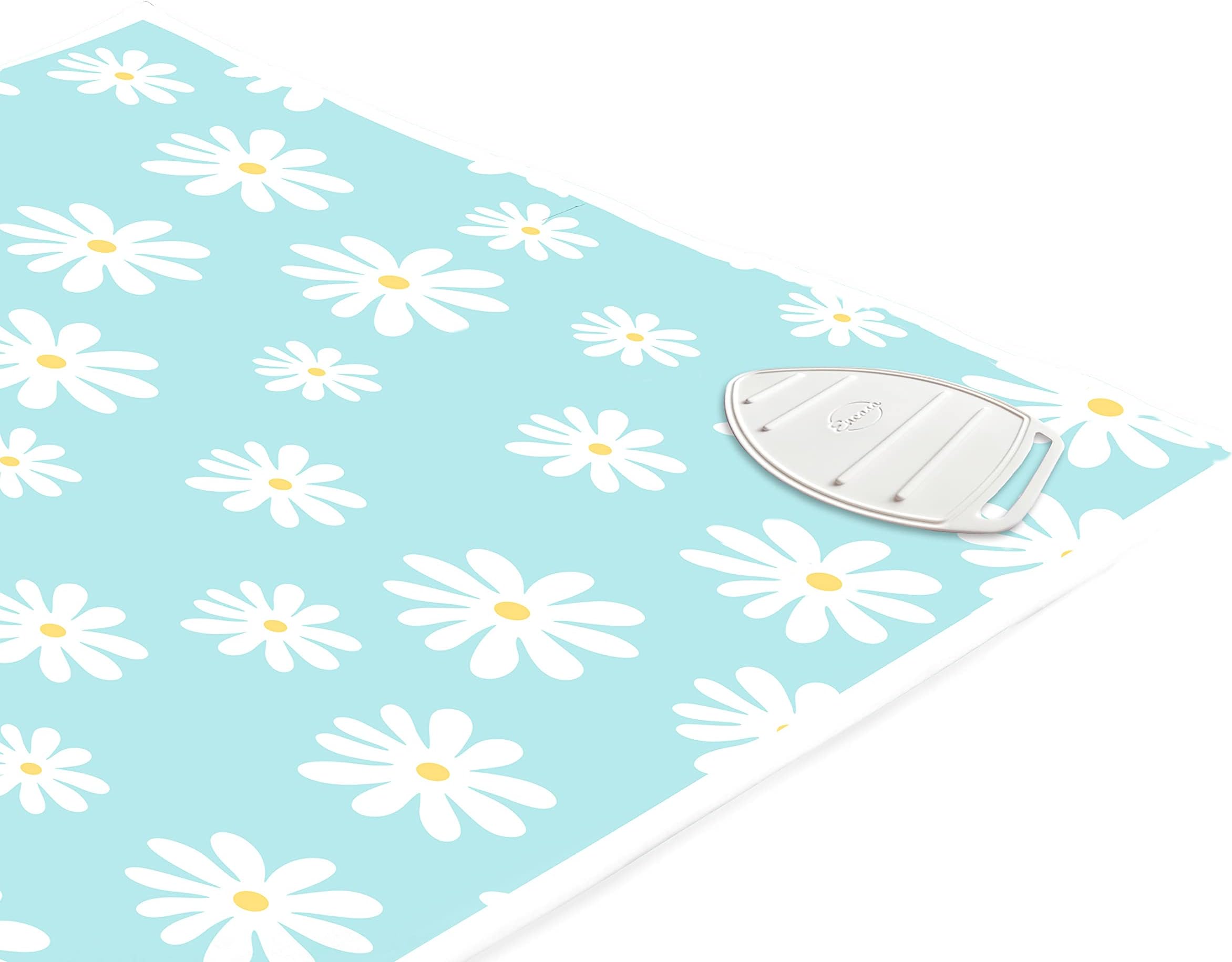 Encasa Homes Ironing Mat (Large 120 x 70 cm) with 3mm Felt Padding, Silicone Iron Rest Protector, Steam Press on Table, Bed, Portable, Heat Reflective, Foldable, Washable, Printed - Daisy Blue