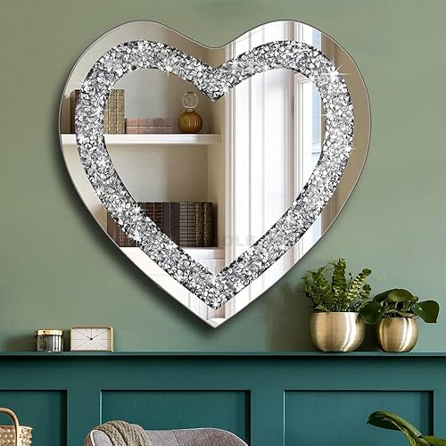 WJIEH Espejo plateado con forma de corazón de diamante para decoración de pared dimensión 276 x 276 x 07 pulgadas espejo colgante de pared sin marco