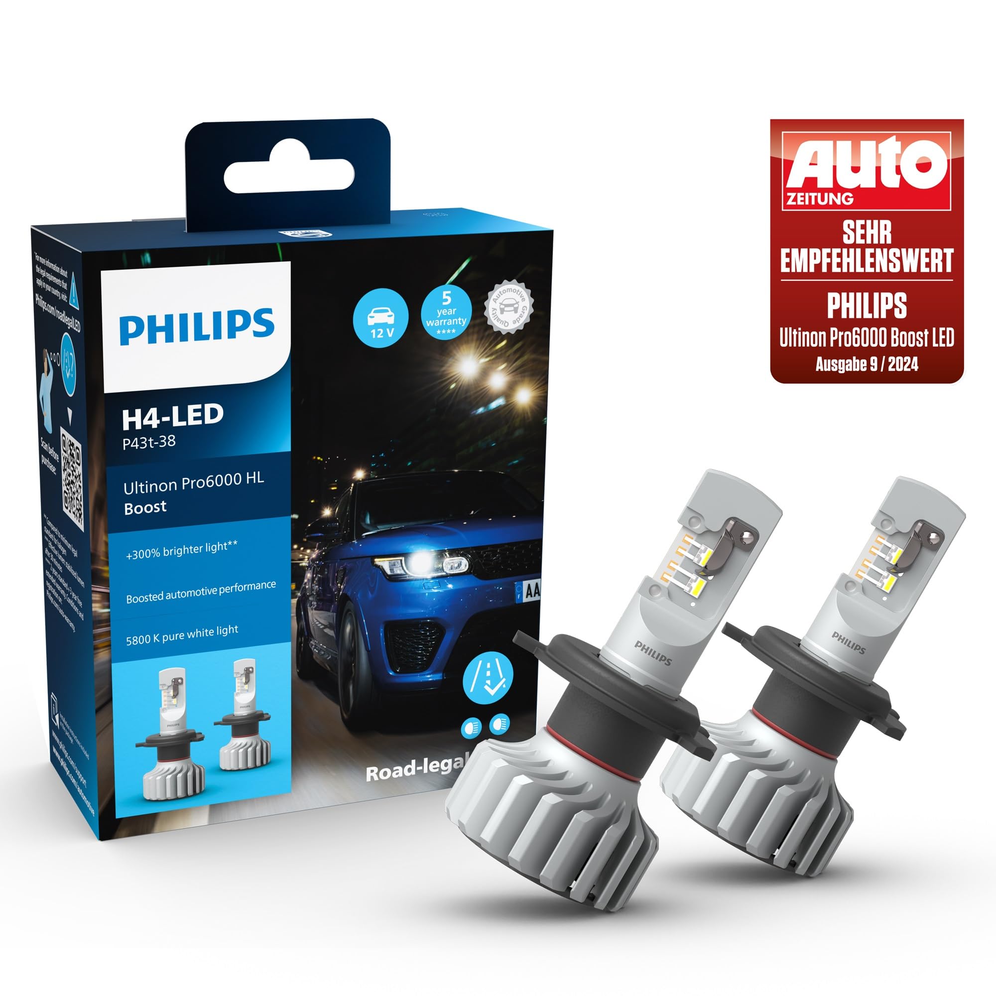 Philips Ultinon Pro6000 Boost H4-LED Scheinwerferlampe mit Straßenzulassung*, 300% helleres Licht**