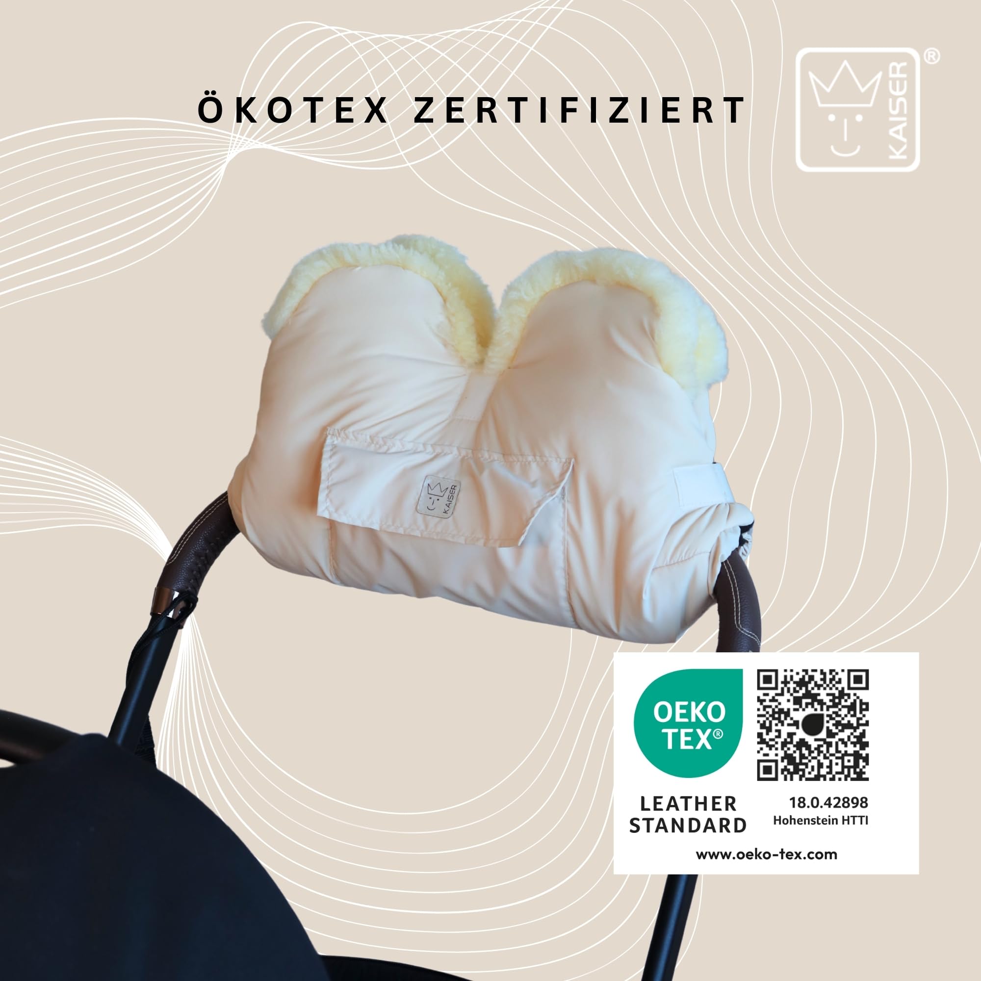 Lammfell Handwärmer für Kinderwagen, 45 x 22 cm, Schaffell Innenfutter, Wasserabweisend, mit Handytasche (cream)