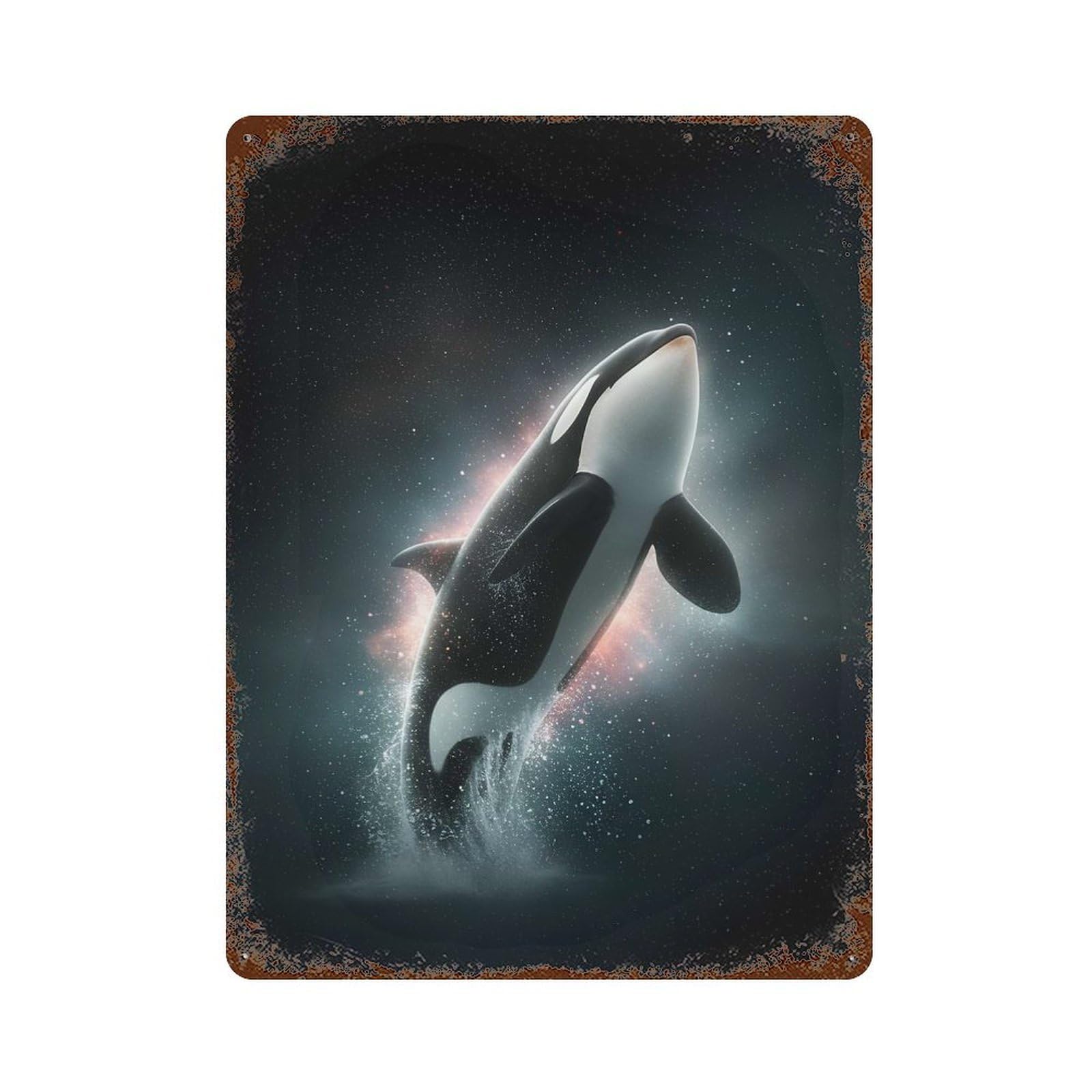 Orca Whale Leaping in Space Rusty Metal Tin Sign 15.7"x11.8", Ideal for Shed, Workshop And Garage Wall Decor