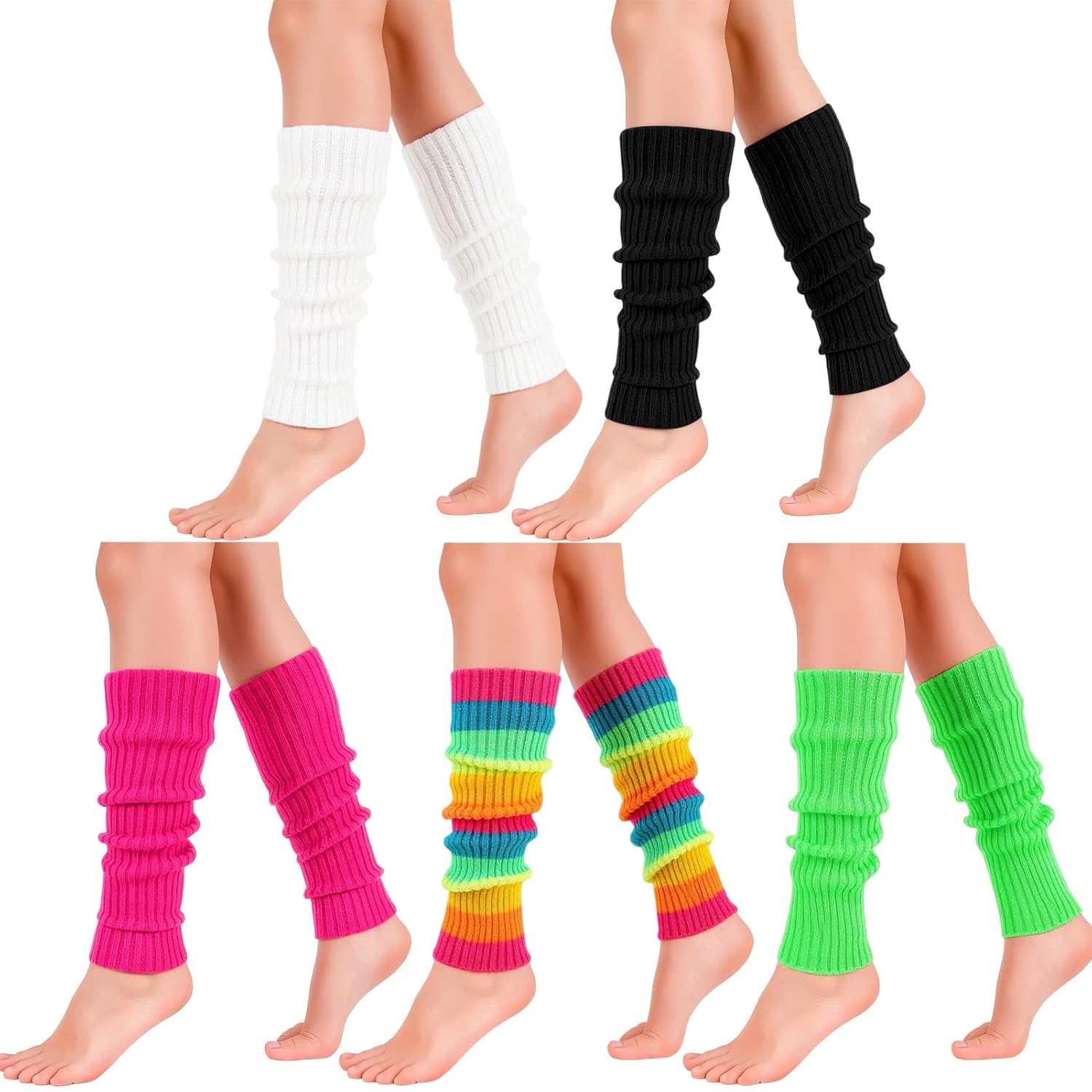 Jspupifip Ballet Leg Warmers Y2K - 5 Pairs 80s Neon Ribbed Knitted Leg Warmer for 80s Eightys Sports