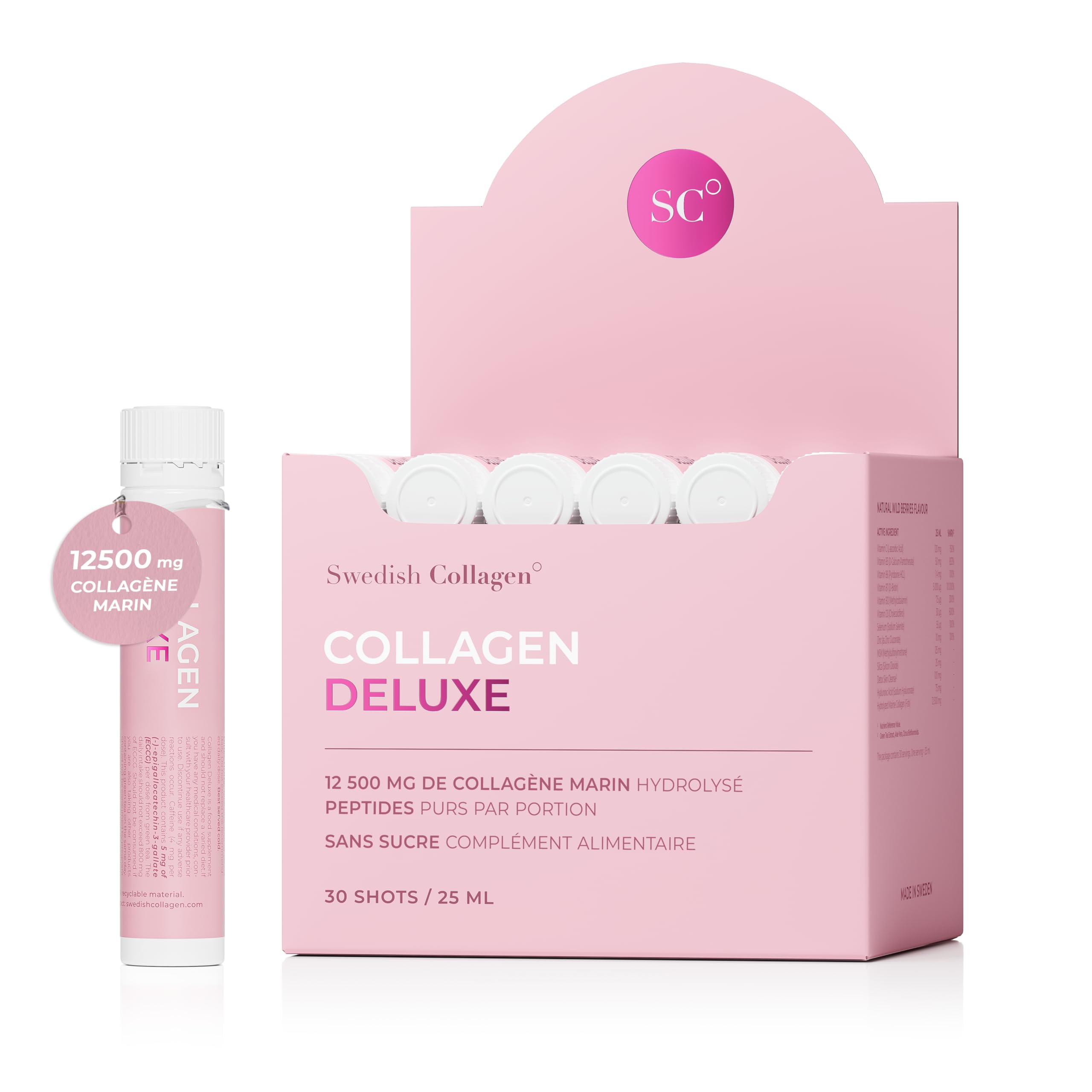 Swedish Collagen Deluxe 12 500 mg Collagène Marin Liquide 30 Doses 25 ml Acide Hyaluronique Biotine Vitamine C Cheveux Peau Ongles Articulations Sans Sucre pour Homme et Femme