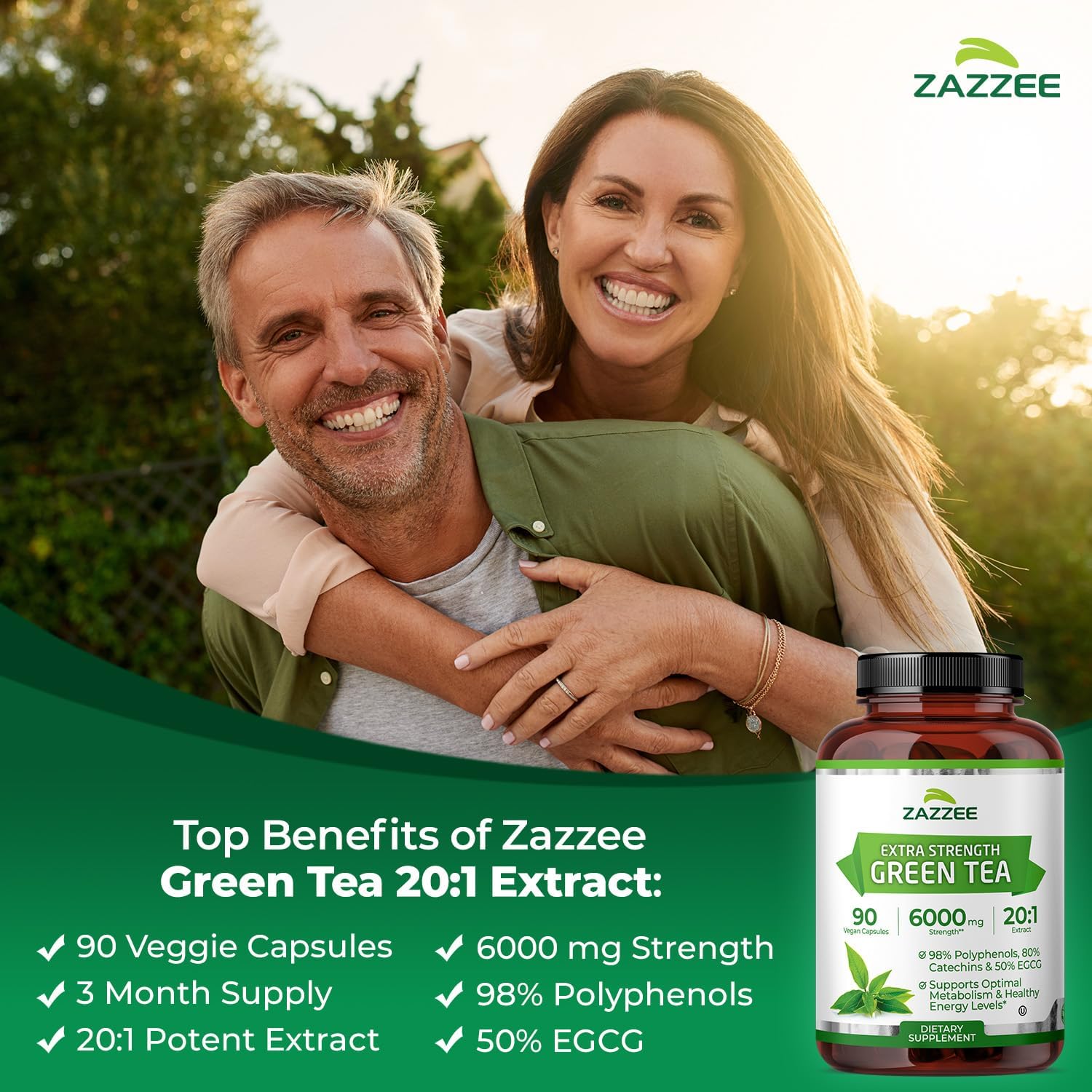 Zazzee Extra Strength Green Tea Extract 20:1, 6000 mg Equivalent, 50% EGCG, 98% Polyphenols, 80% Catechins, 90 Vegan Capsules, Certified Kosher, 3 Month Supply, Antioxidant Support, Made in The USA - Image 3