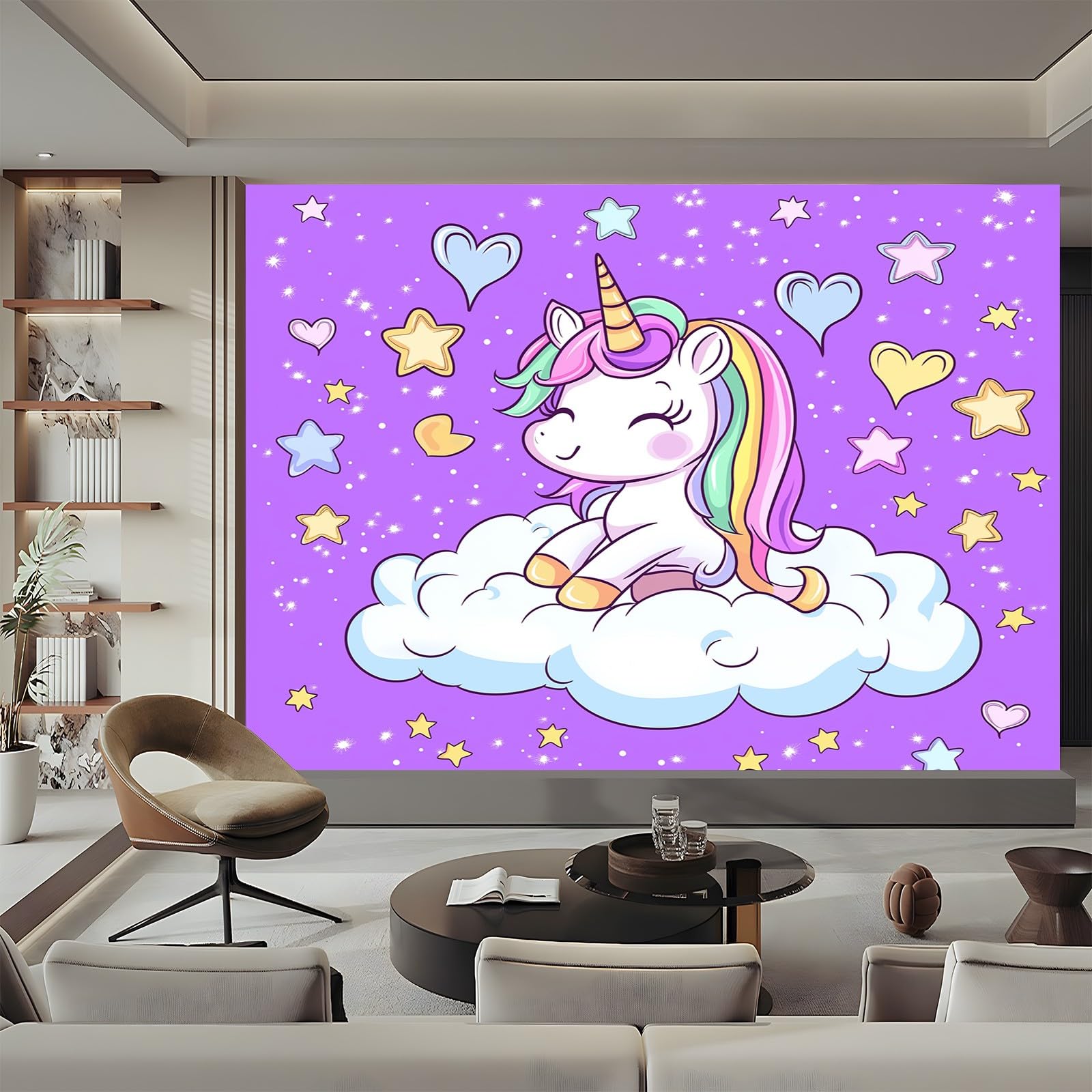 Panoramiczna tapeta fantazyjna jednorożec chmury fioletowy różowy 200 x 140 cm (szer. x wys.), dekoracja ścienna do sypialni salonu nowoczesny design do salonu dekoracja pokoju dziecięcego dla