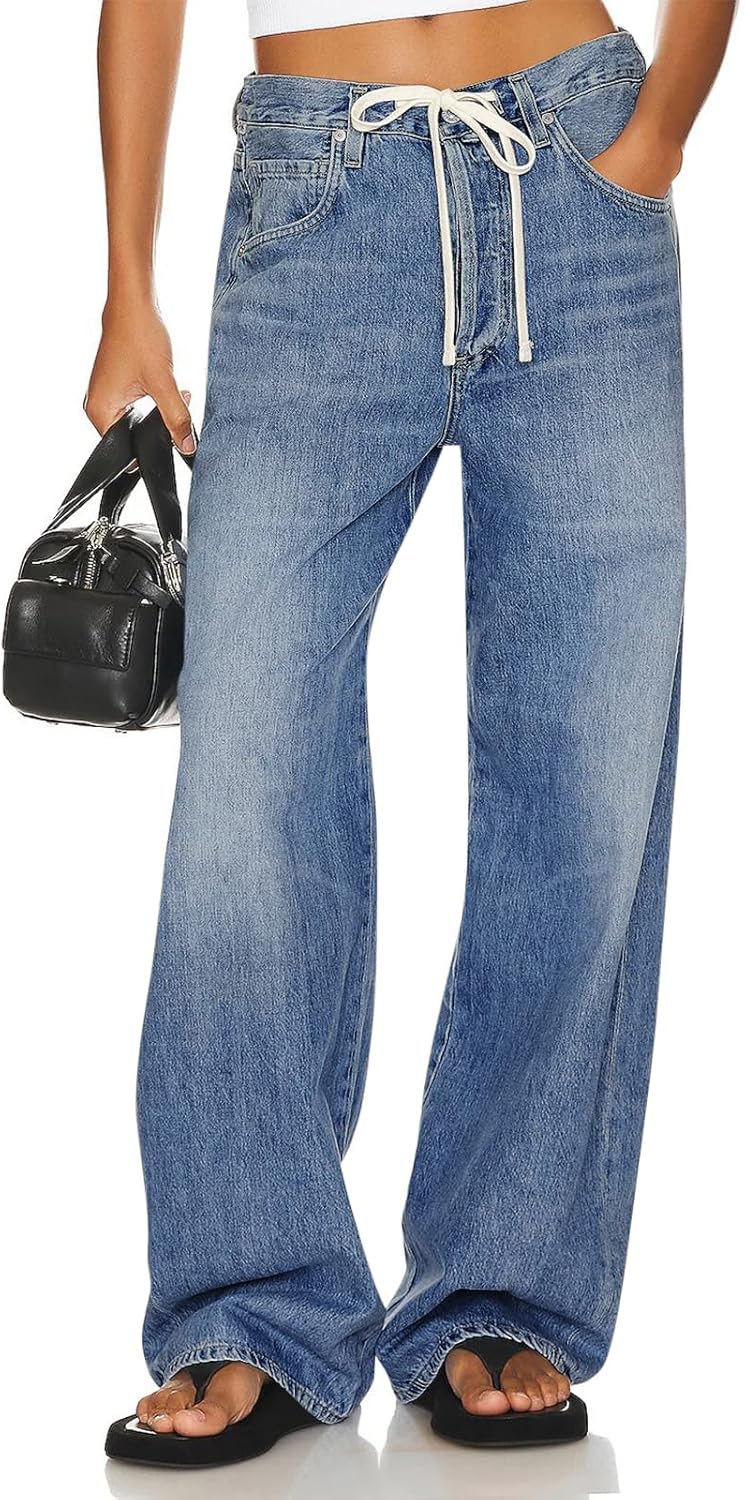 PLNOTME Womens Baggy Wide Leg Jeans Boyfriend Drawstring High Waisted Mom Denim Pants with Pockets