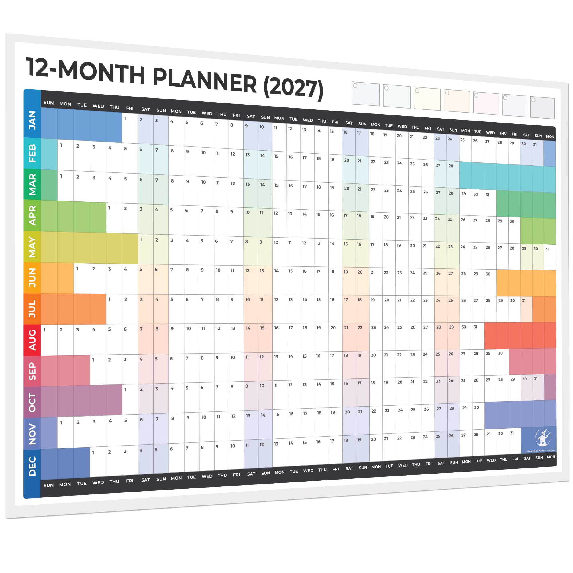 A0 2027 Wall Planner: Extra Large 12 Month Yearly Calendar with Bright Colour Horizontal Layout, Non-Laminated Matt Silk Finish with GluDots and a Thank You That Grows.