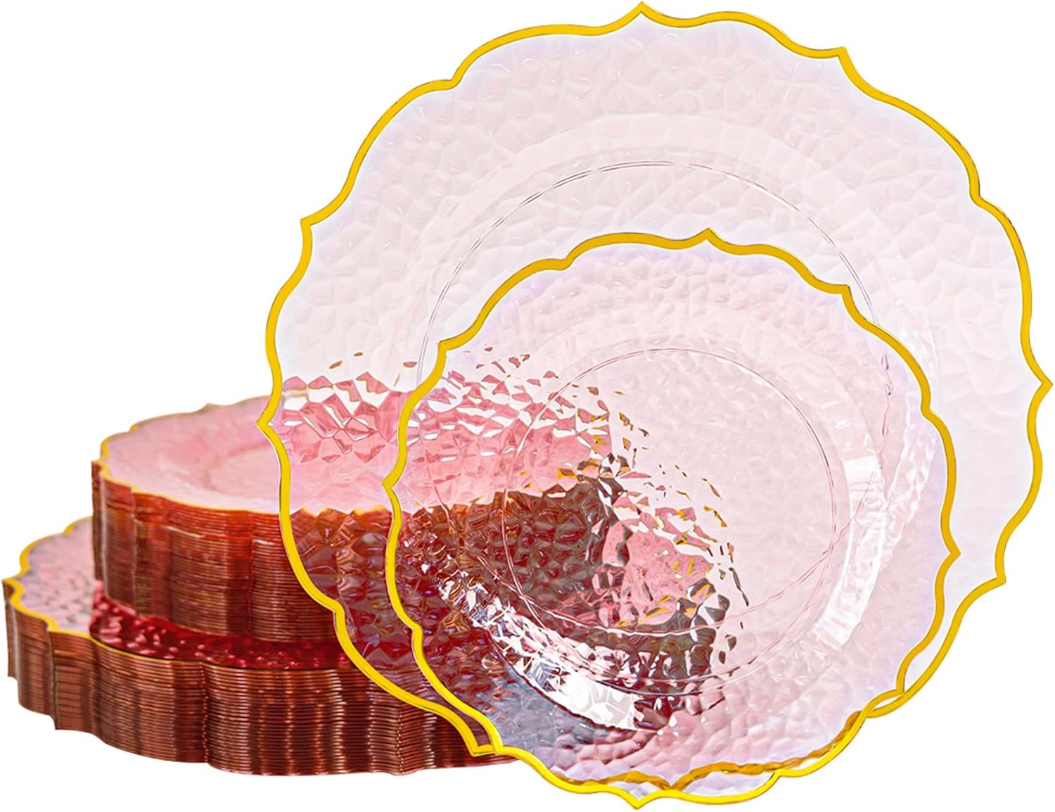N9R 120 Clear and Pink Plastic Plates, Pink Disposable Plate with Gold Rim, Stone Texture Plate, Include 120 Dinner & Dessert Plates for Wedding, Party
