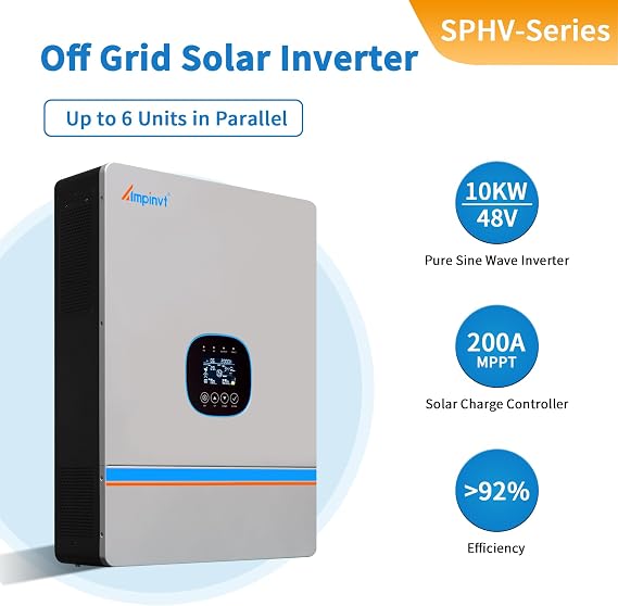 10000W Hybrid Solar Inverter 48VDC to 120/240Vac, Built-in 2 MPPT Solar Controllers, MAX 200A Battery Charging,Split Phase Pure Sine Wave Inverter 10KW for Lead Acid and Lithium Battery