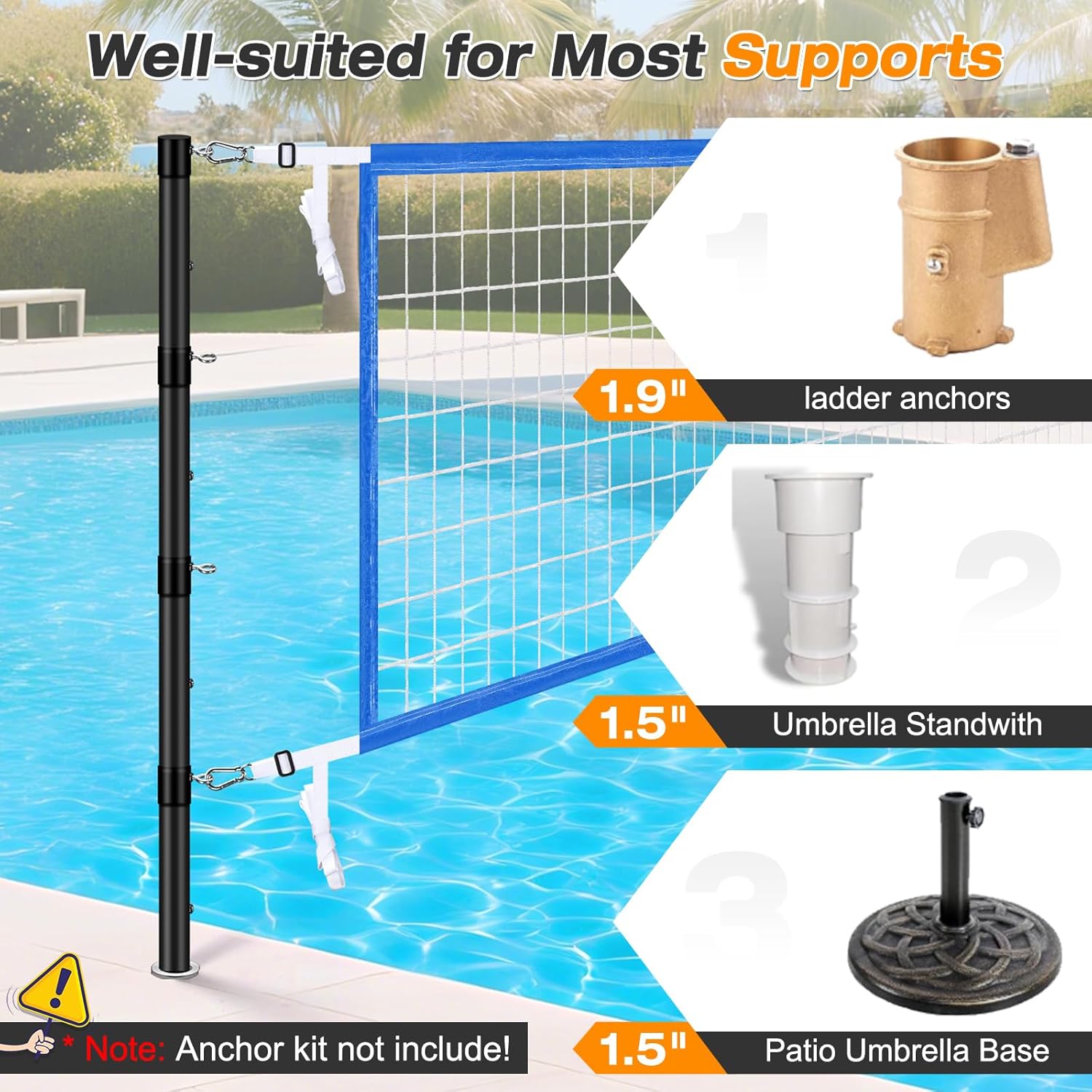Inground Pool Volleyball Net Set, Adjustable Length & Height Pool Volleyball Net, Compatible with 3 Universal Ground-Mounted Bases, Includes 2 Glow-in-the-Dark Inflatable Pool Volleyballs