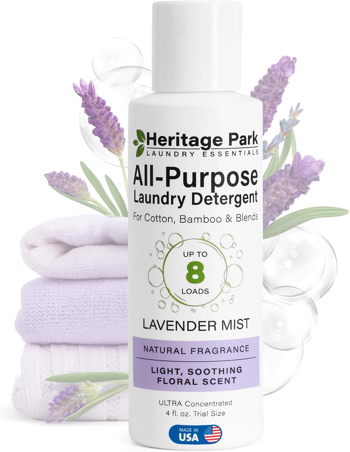 Heritage Park Luxury Laundry Detergent | Dermatologist Tested Plant based Natural & Enzyme Laundry Detergent | Sensitive Skin Friendly - Lavender Mist (4 fl oz Trial Size)