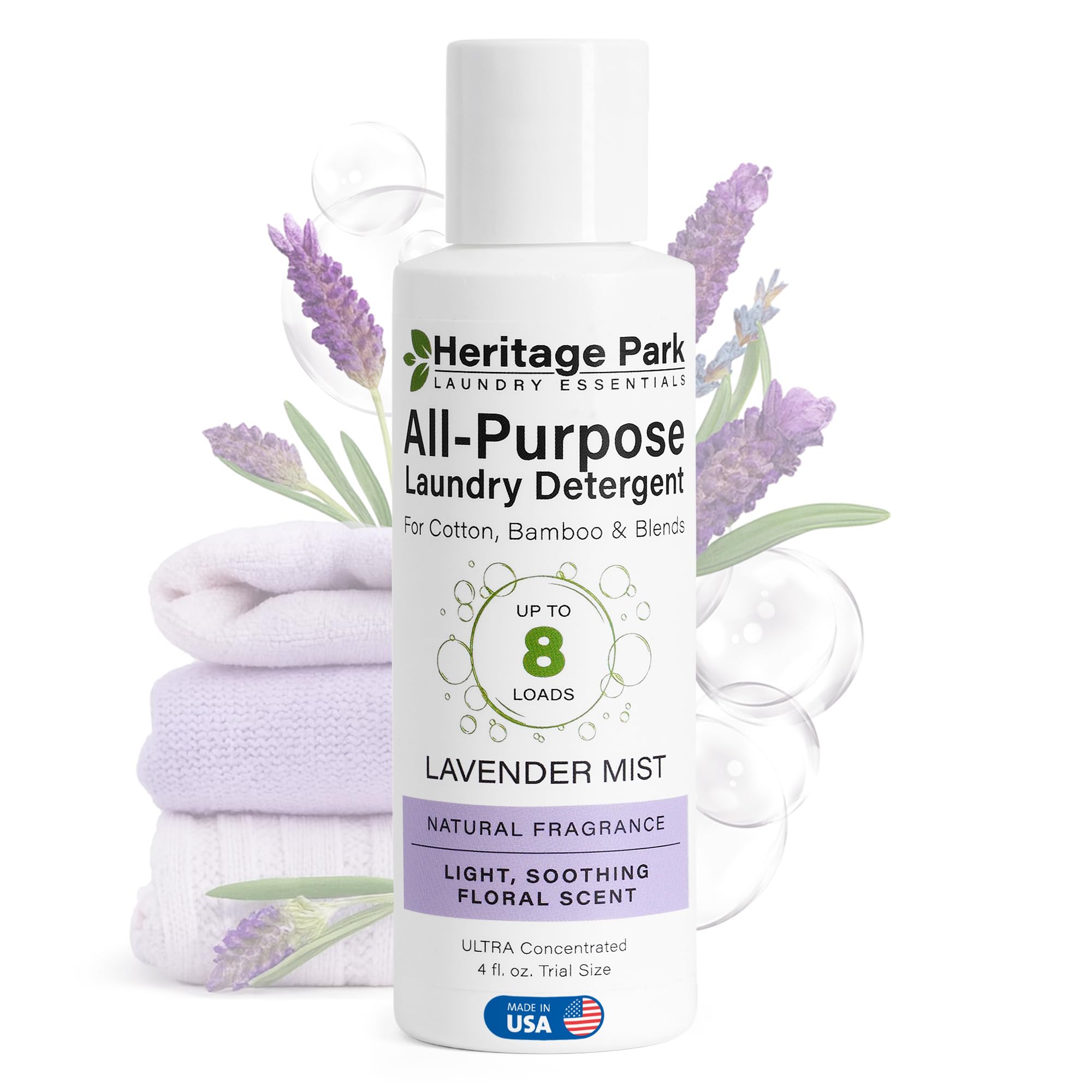 Heritage Park Luxury Laundry Detergent | Dermatologist Tested Plant based Natural & Enzyme Laundry Detergent | Sensitive Skin Friendly - Lavender Mist (4 fl oz Trial Size)