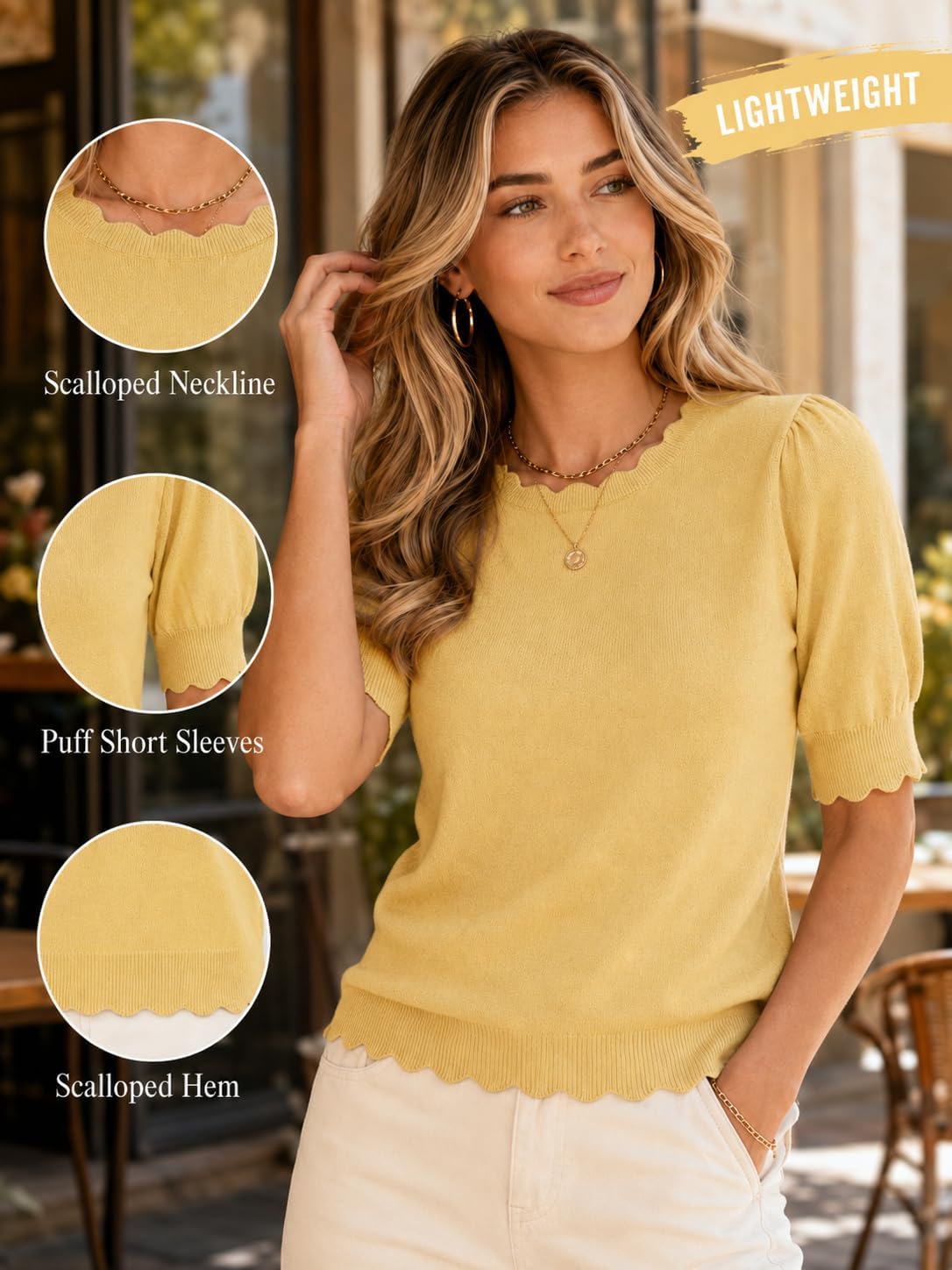 Short Sleeve Sweater for Women Pullover Knit Tops Scalloped Crewneck Puff Sleeve 2026