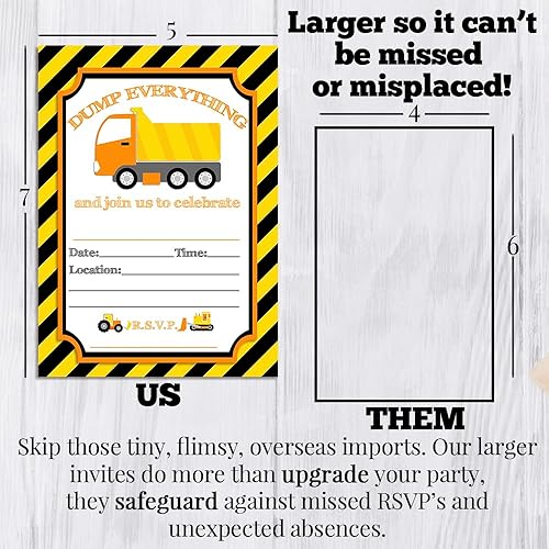 Miniatura 8 de AmandaCreation - Invitaciones para fiestas de cumpleaños de construcción de camiones volquete de Dump Everything, 20 tarjetas de relleno de 5 x 7