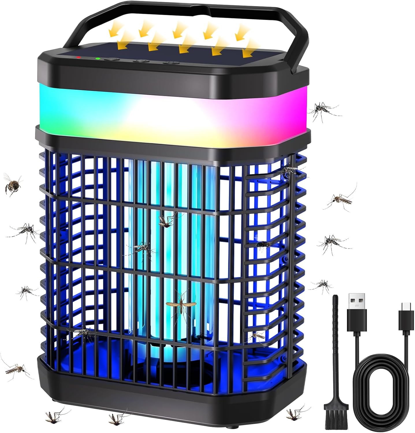 Solar Bug Zapper Outdoor, 4 in 1 Portable & Rechargeable Bug Zapper Outdoor with 5000mAH Battery, 4000V Mosquito Zapper Waterproof with LED Night Light, for Camping, Patio, Backyard, Garden (Black)