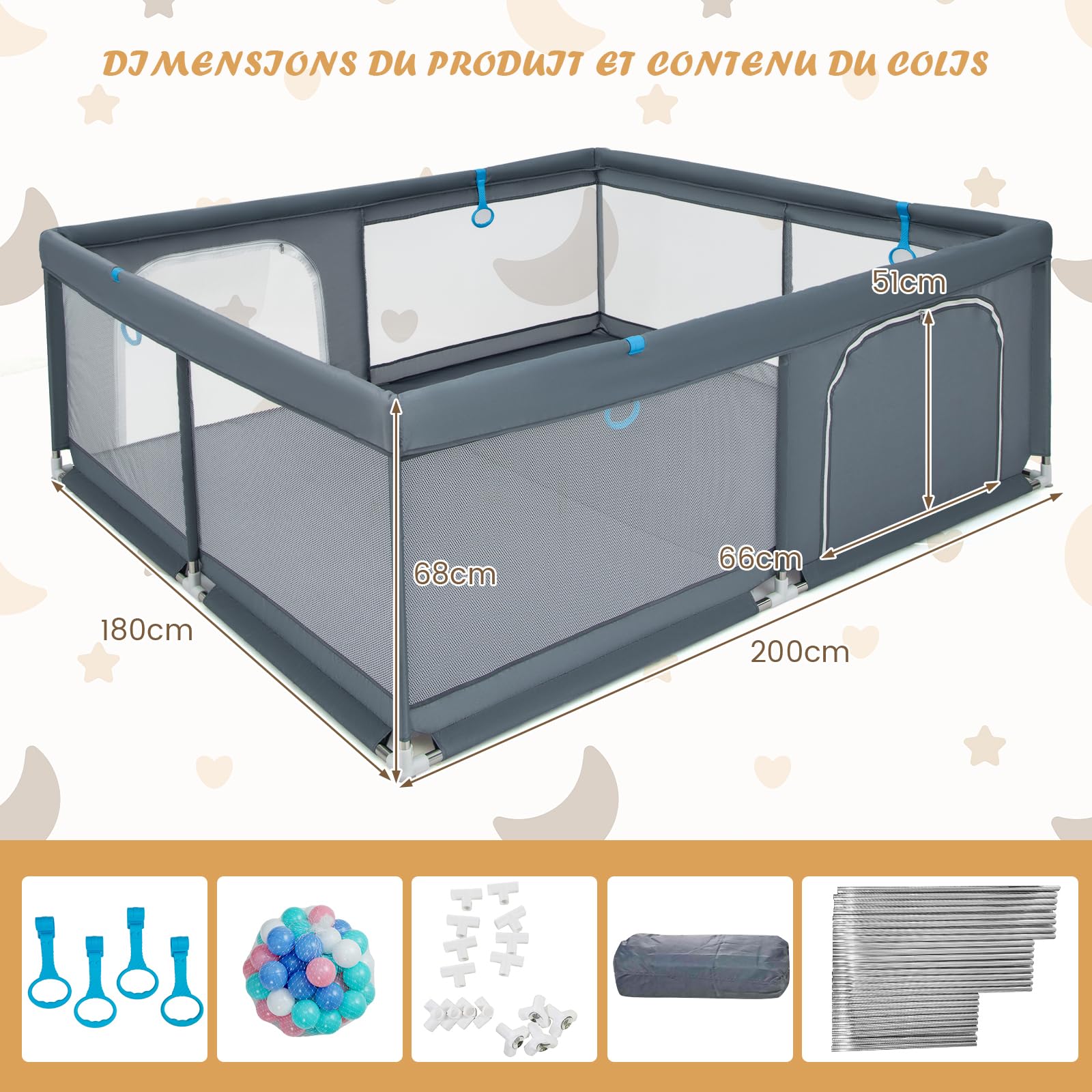 DREAMADE Parc Bébé avec 4 Anneaux à Main,Clôture Tout-Petits 0-36Mois en Tissu Oxford avec50 Balles&Sac de Transport&Maille Respirante&Porte à Fermeture Éclair (200x180x68cm, Gris Foncé)