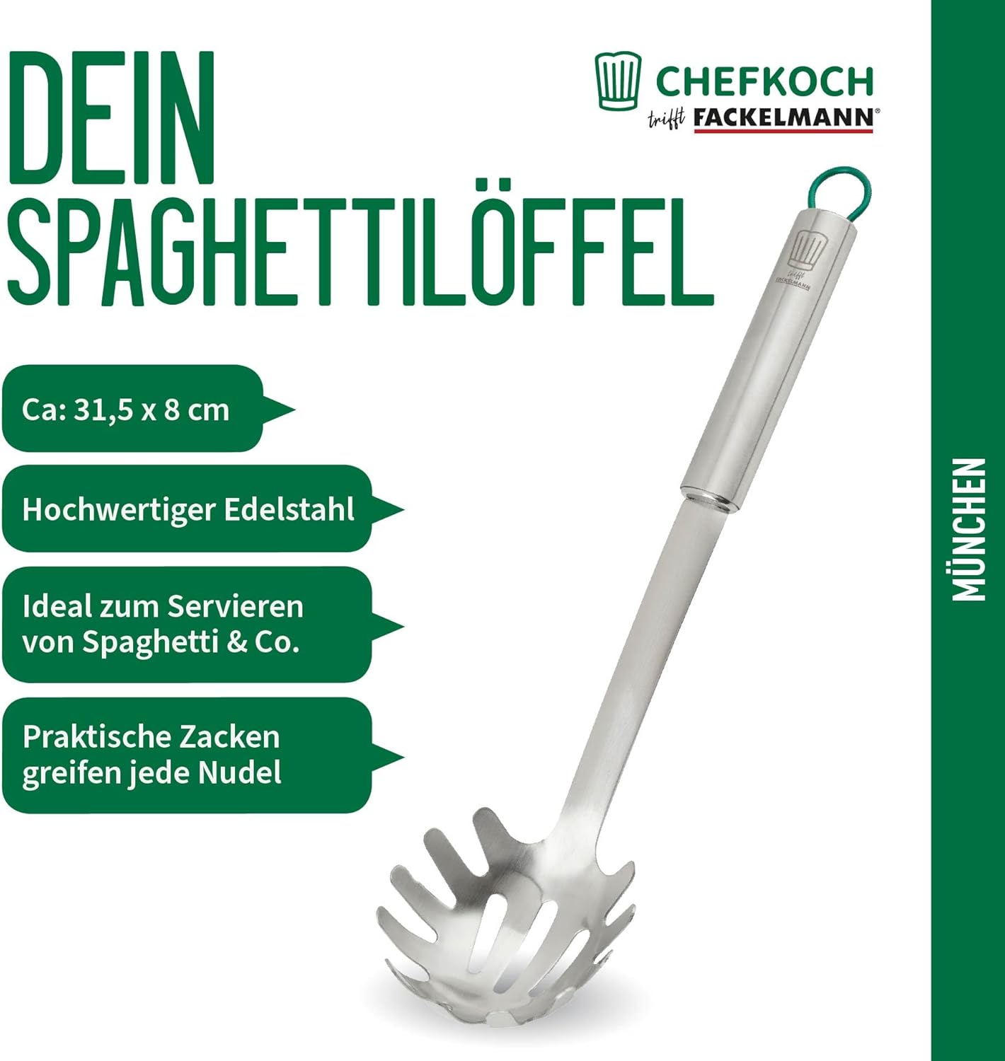 Chefkoch trifft Fackelmann - Premium Spaghetti Spoon Made of 18/10 Stainless Steel, Ergonomic Handle, Dishwasher Safe, Ideal for Pasta Lovers