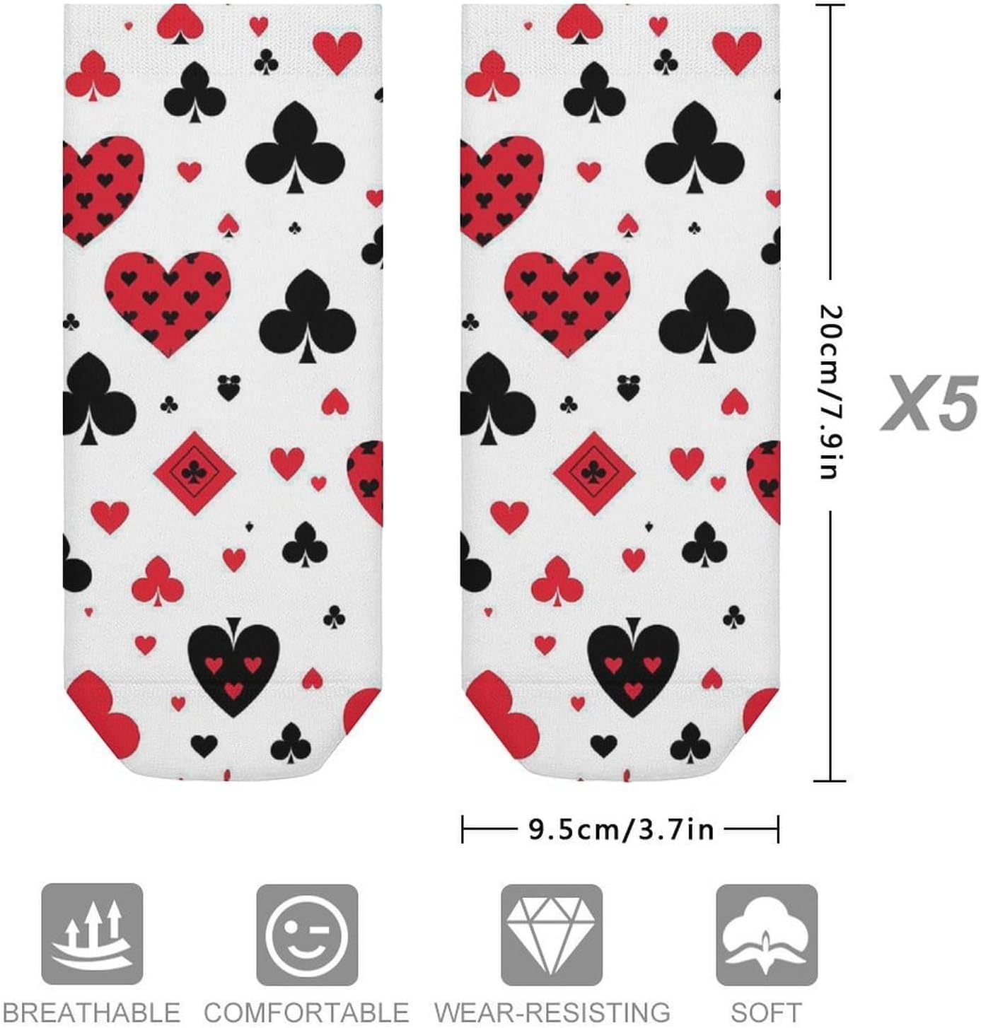 Playing Card Poker 5 Pairs Ankle Socks Athletic Low Cut No Show Short Socks for Men Women