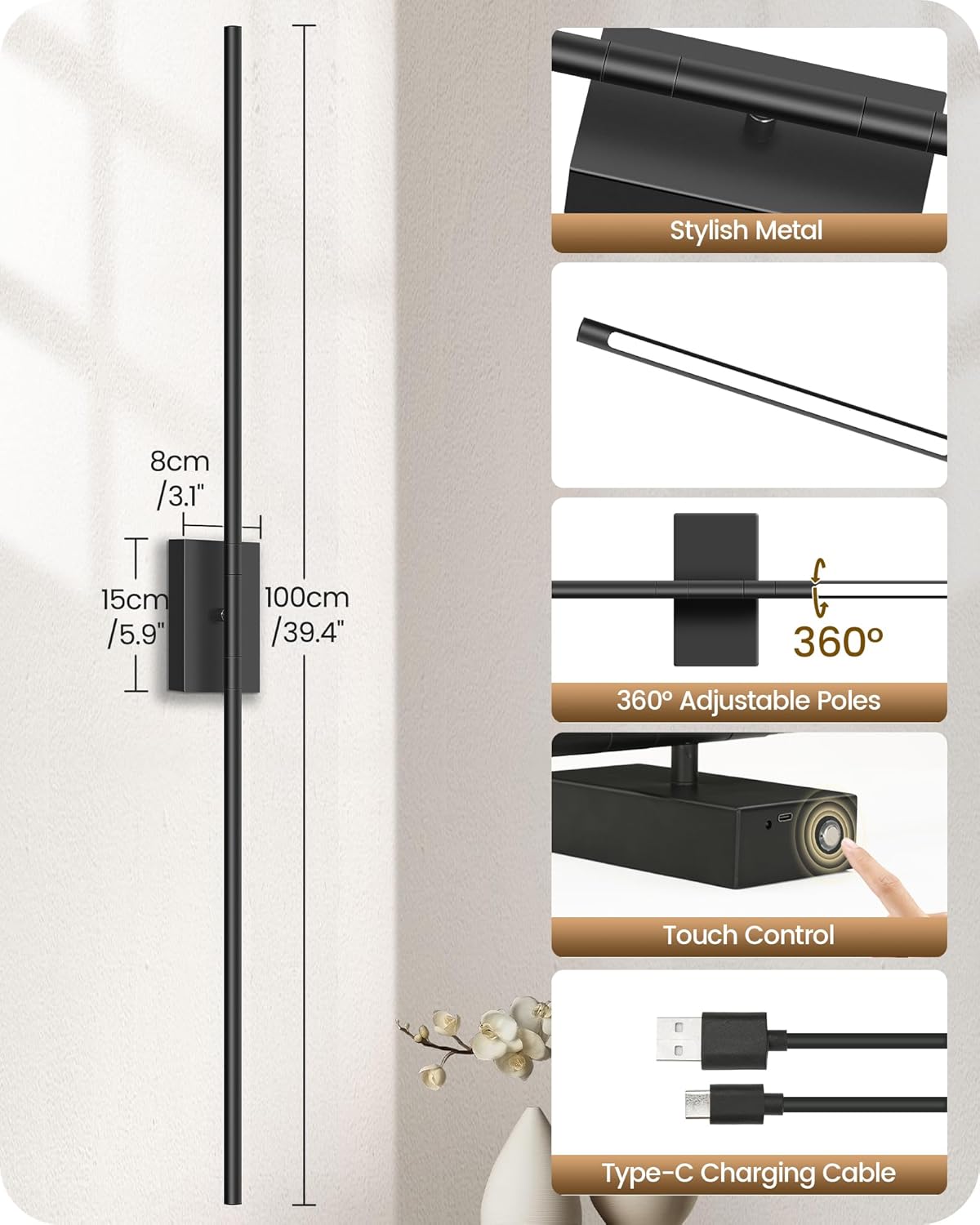 39.4" Wireless Wall Sconces Battery Operated Set of 2, Rechargeable Lamps with Remote, 360° Rotation, 10000mAh, Touch Dimmable Lights for Bedroom, Living Room, Hallway, Black B07YBP205