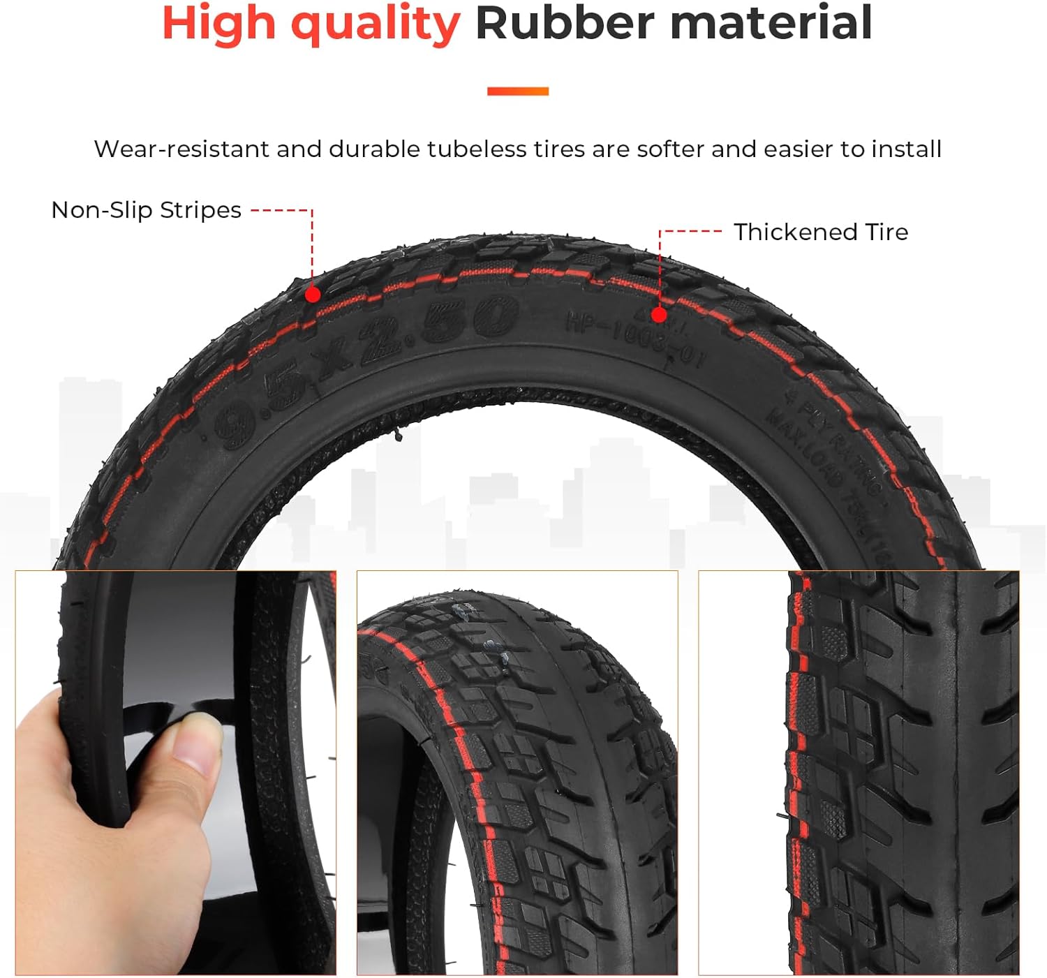 (1 Pack) 9.5x2.50 Scooter Tire, 9.5 inch Tubeless Tire, Vacuum Outer Tire, Built-in Self-repair Glue, with Valve for NIU KQi3/Pro/Max Electric Scooter, large