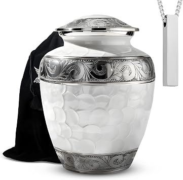 AmericUrn Cremation Urns for Human Ashes Adult Female,Mom and Men White Patch Memorial Set of 2 with 1 Large Urn & 1 NecklaceUrn