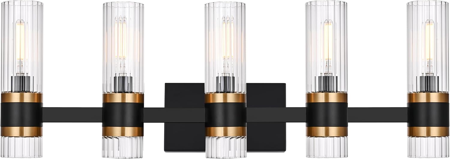 MELUCEE 5-Light Bathroom Lights Over Mirror in Black Finish, Farmhouse Vanity Lights with Ribbed Clear Glass Shade Indoor Metal Wall Light Fixtures for Kitchen Powder Room Foyer, E12 Base