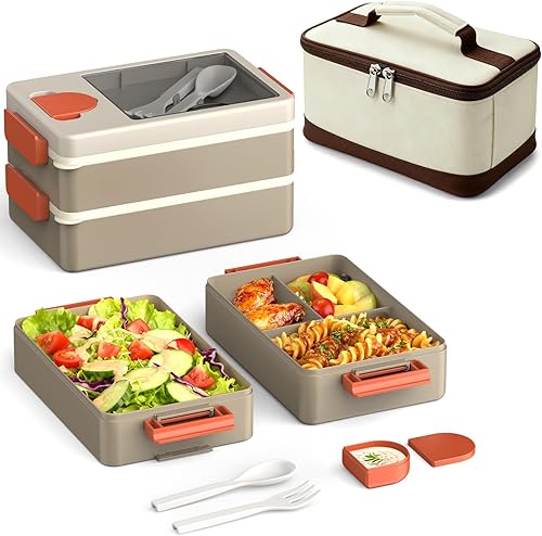 Lonchera Bento Box para adultos, contenedor de almuerzo apilable de 2 capas con utensilios y bolsa aislada, gran capacidad de 67 onzas, a prueba de