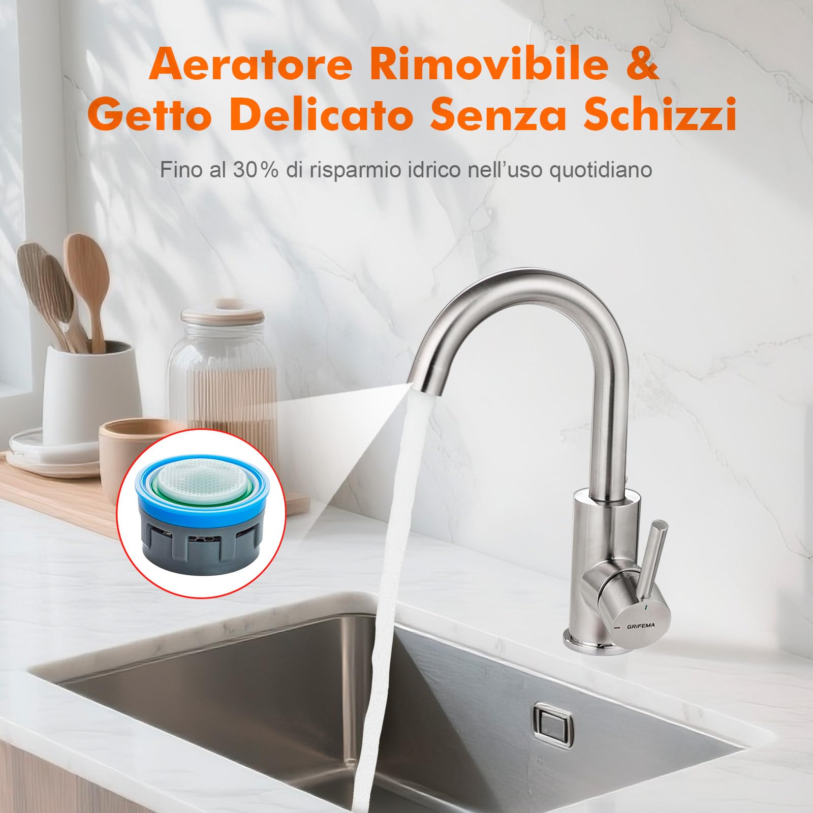 GRIFEMA Miscelatore Lavabo Bagno Alto Grigio Opaco, Rubinetto Girevole a 360° in Ottone, Monocomando Moderno Antracite per Lavandino, Bocca Alta 180mm, Design Anti-corrosione, Attacco G3/8, G1002A