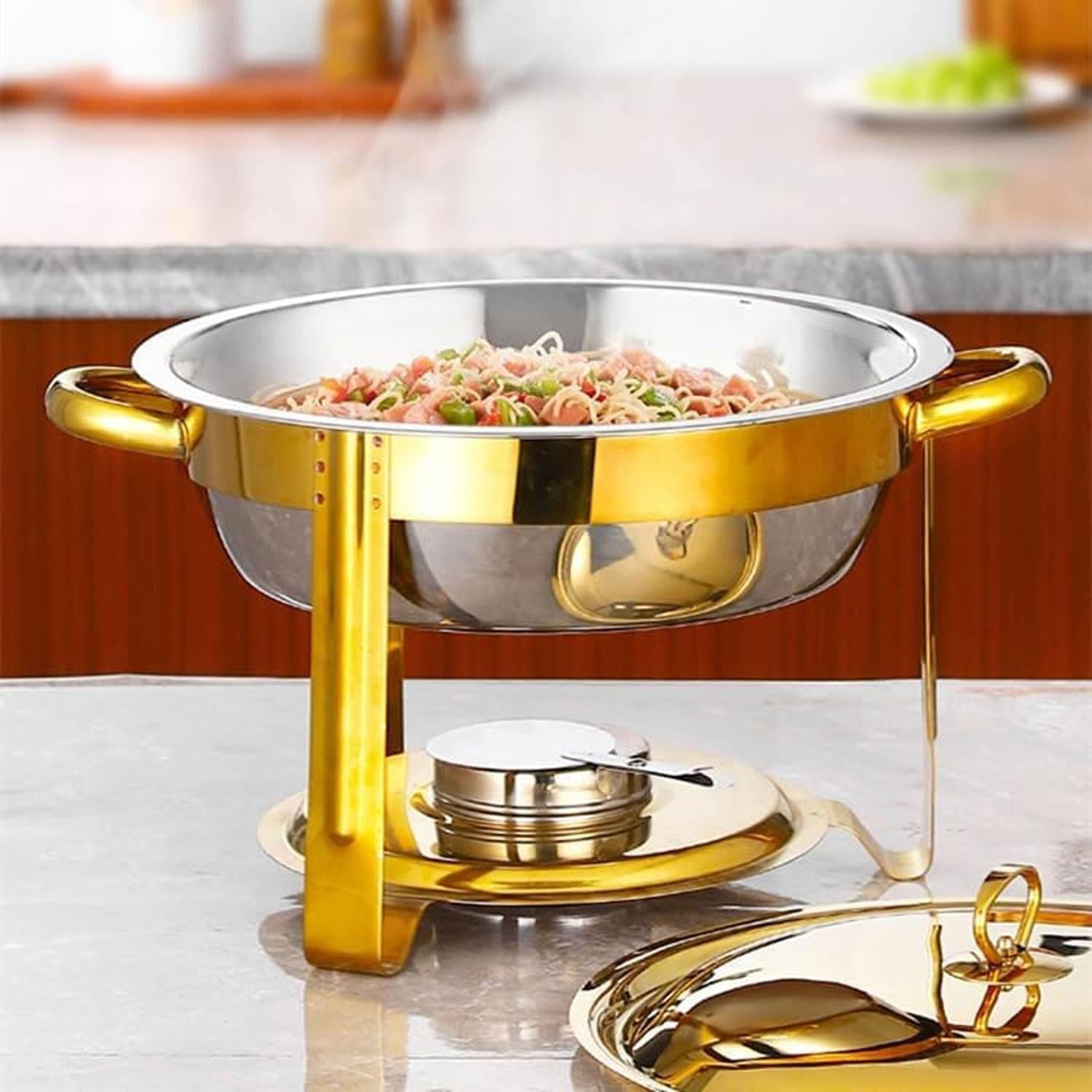 Set di Pentole Calde per Buffet Confezione da 2 Piatti Rotondi da 4,5 Litri con Vaschetta per L'acqua Set di Pentole Calde per Buffet per Catering Adatto per Ristoranti, Hotel, Matrimoni, F, B