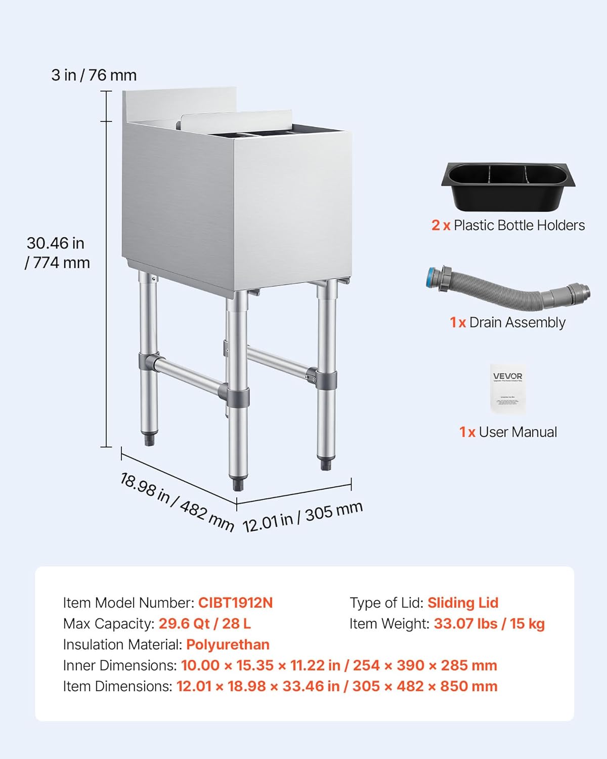 VEVOR Commercial Ice Bin,19 Inch Stainless Steel Ice Chest with Sliding Lid and Bottle Holders, Cooler Cart Cocktail Unit for Bar Restaurant Pub, NSF Certified