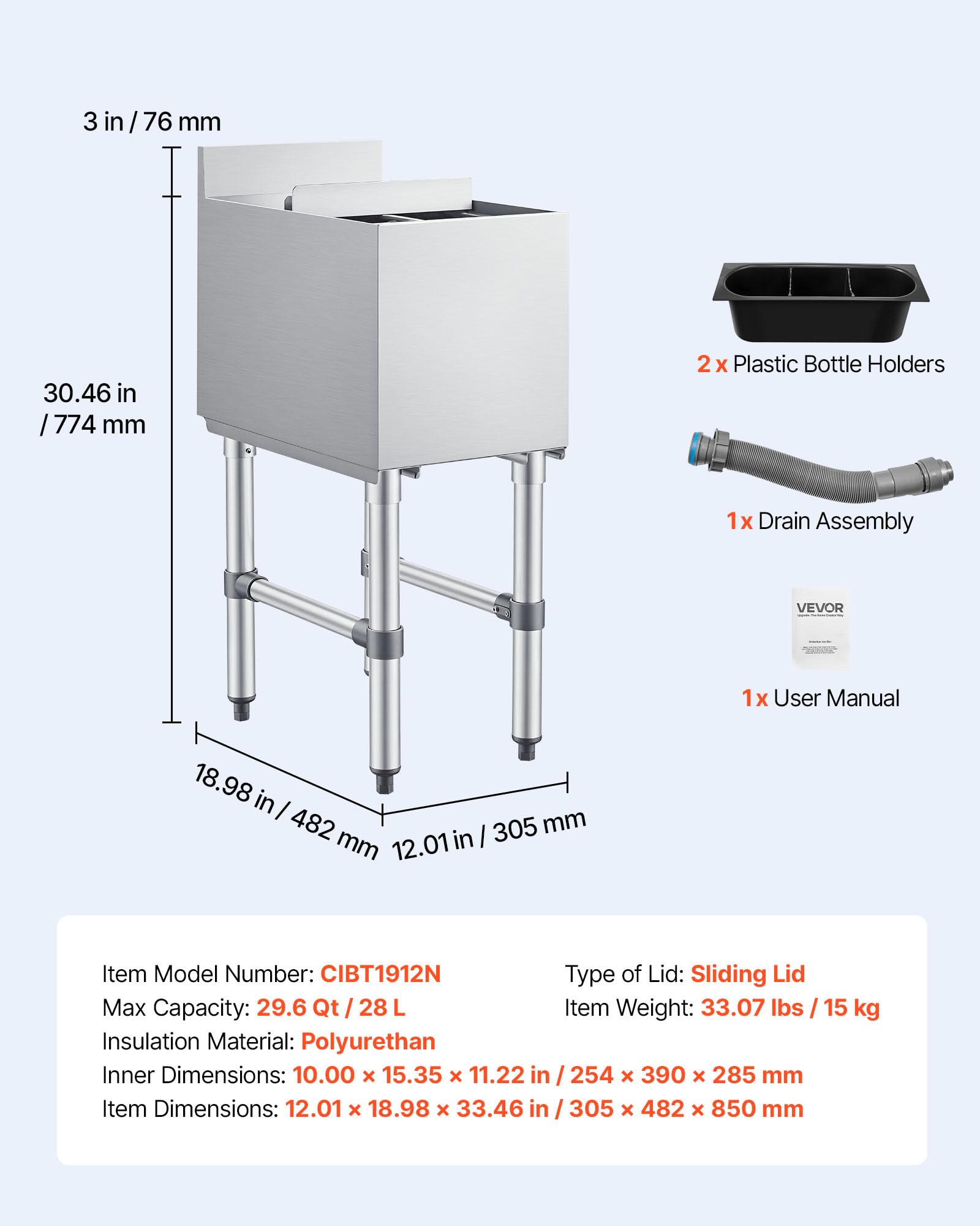 VEVOR Bac à glace commercial de 48,3 cm en acier inoxydable avec couvercle coulissant et porte-bouteille, chariot à cocktails pour bar, restaurant, pub, certifié NSF