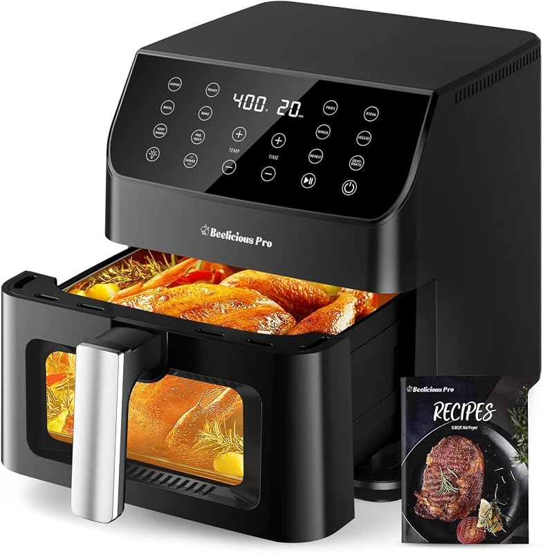 Beelicious freidora de aire grande, freidora de aire digital 12 en 1 con ventana, apta para lavavajillas, 5,8 cuartos, más de 40 recetas, tecnología de bloqueo de sabor, recordatorio de batido, freidoras de aire compactas, silenciosas y antiadherentes. Negro