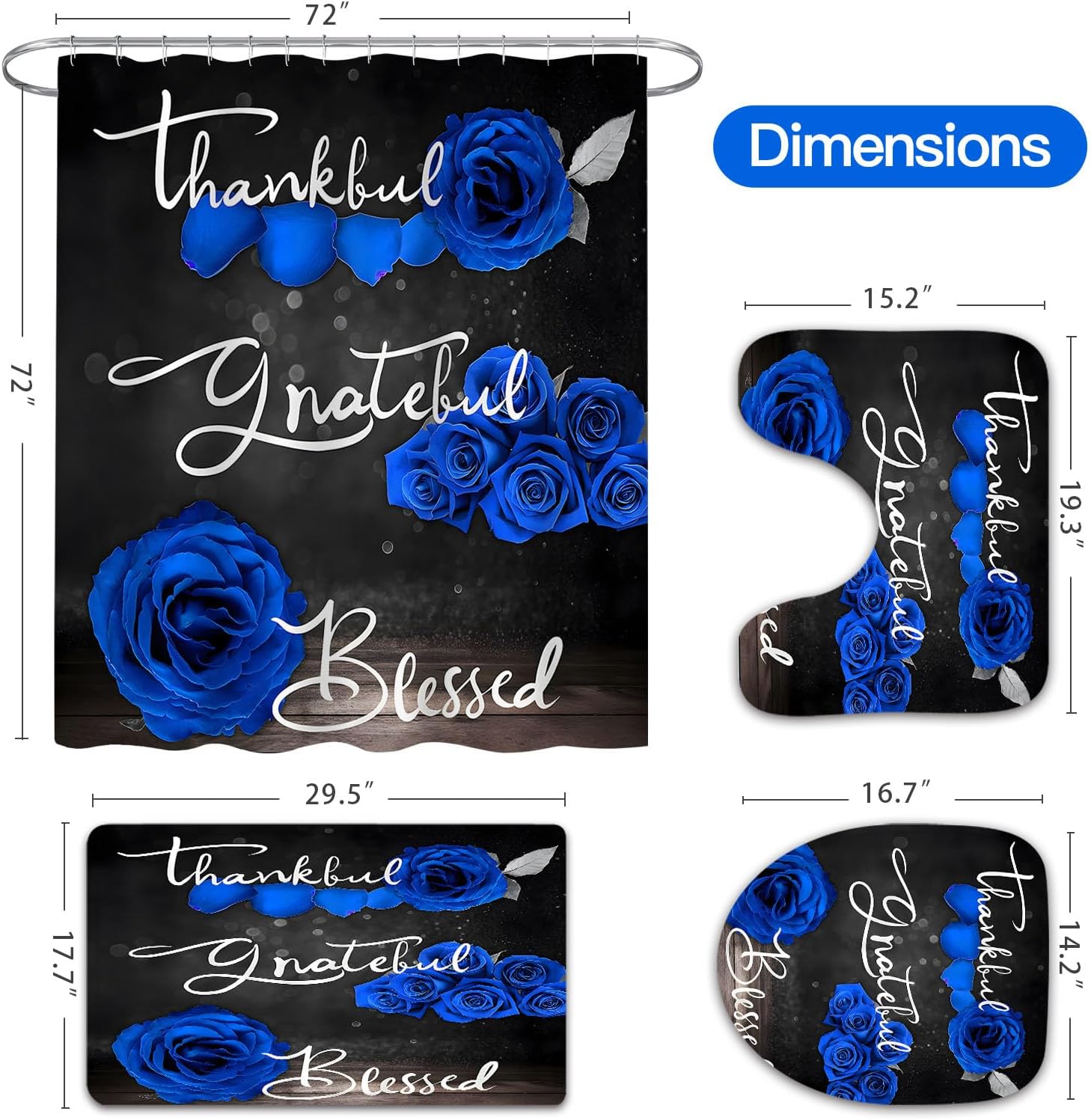 Litabel 4 Pcs Royal Blue Rose Shower Curtain Set with Non-Slip Rugs, Toilet Lid Cover and Bath Mat, Thankful Grateful Blessed Romantic Elegant Floral Bathroom Decor Set with Shower Curtain and Rugs