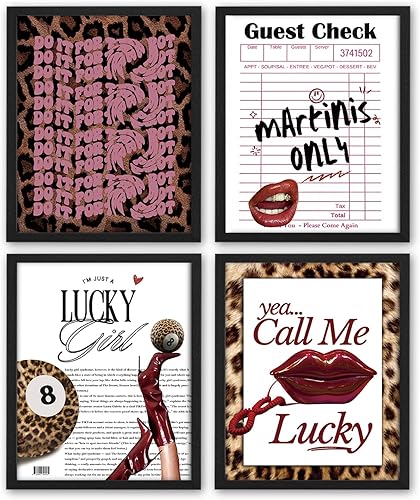 NaZaUK Juego de 4 impresiones artísticas de pared retro de moda, decoración estética de habitación, diseño de guepardo retro con 8 bolas, Martini