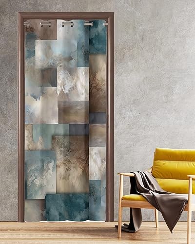 Cortinas opacas con bloques geométricos para puerta, color marrón verde azulado, con ondas de tinta degradada, cortinas de armario de arte abstracto