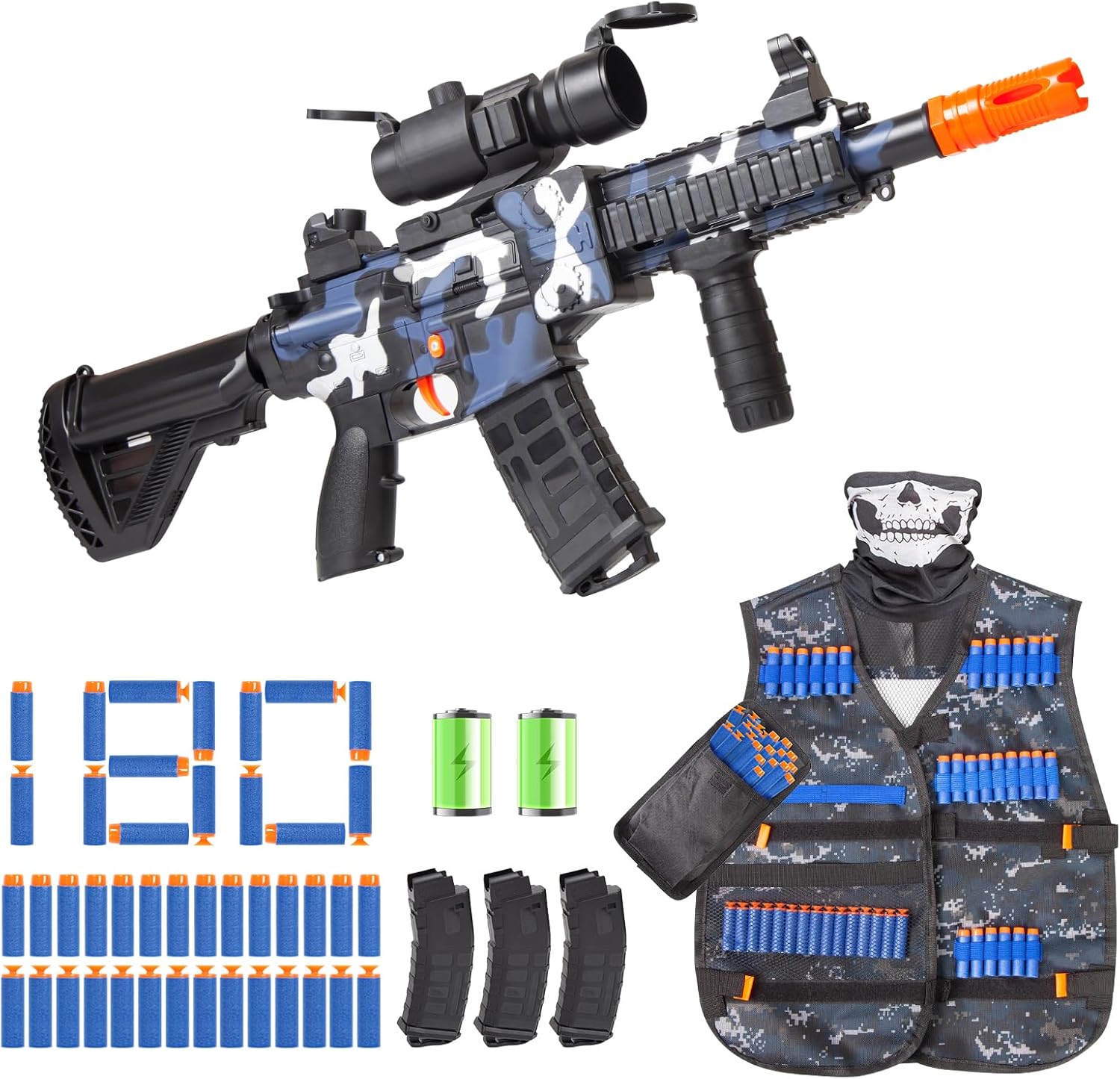 Realistic Toy Gun for Nerf Guns Darts - Electric Sniper Rifle with Tactical Vest Kit, Automatic Foam Blaster with 180 Soft Bullets 3 Magazine for Boy Ages 6-12 Years Old Kid Adult, Indoor Outdoor Game