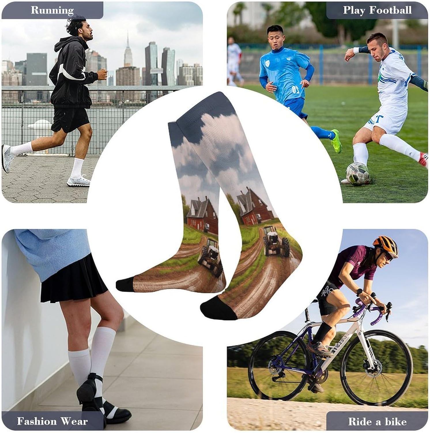 Country Road with Farm And Tractor Compression Sock Breathable Support Socks Lightweight Knee High Tube Socks for Women Men