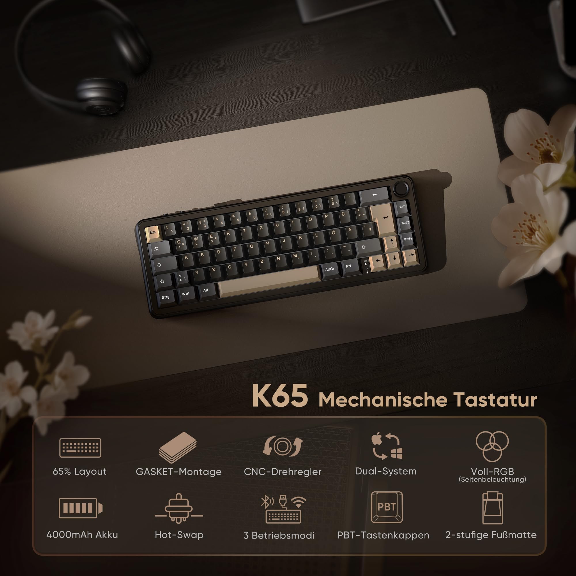 RedThunder K65 Wireless Mechanical Gaming Keyboard, QWERTZ 67 Keys, RGB, Five Layer Padding Structure, BT/USB-C/2.4GHz, Hot-swap, 4000mAh, Gaming Keyboard for Windows, Mac, Xbox, PS4 PS5 - 3