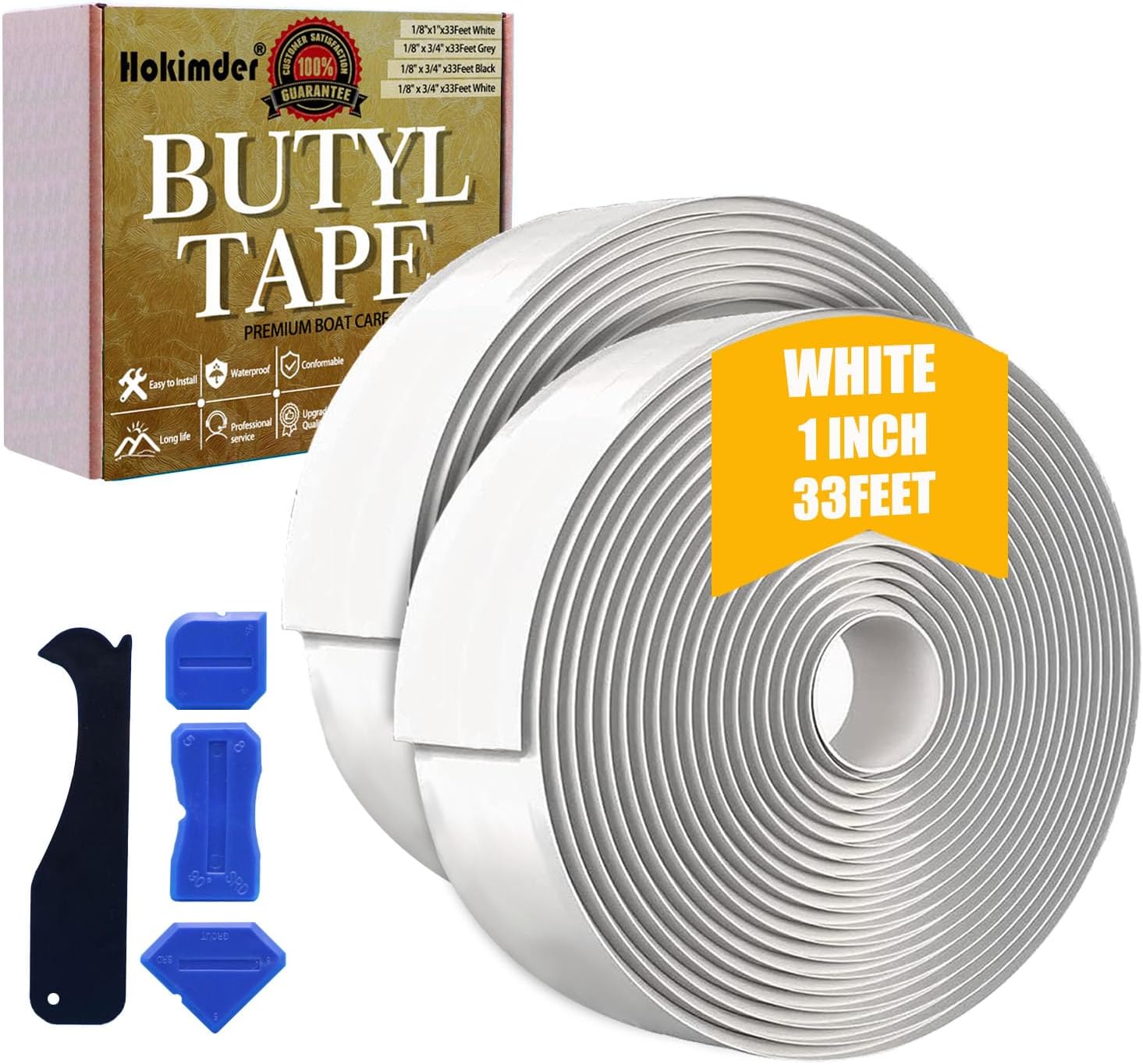 2 Packs Butyl Tape,1/8 Inch x 1 Inch x 33 Ft, White Butyl