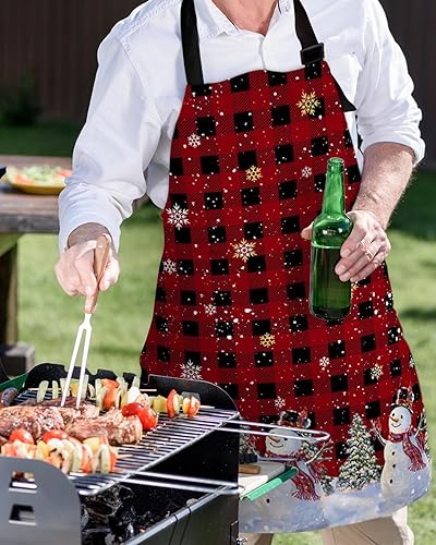Miniatura 5 de Delantal de chef ajustable, delantal rojo de Navidad a cuadros con bolsillos, para hombres y mujeres, delantal impermeable de cocina