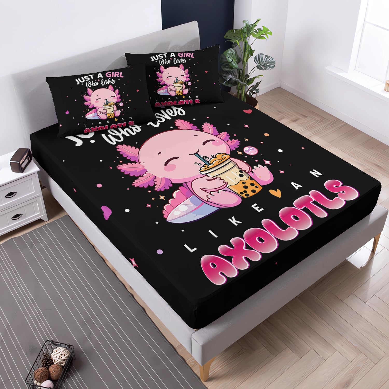 Cute Axolotl Bedding Set Full Size,Pink Axolotl Drink Milk Tea Printed Fitted Sheet Sets for Kids Girls,Beach Coastal Animal Themed Bedding,1 Fitted Sheet+2 Pillowcases.