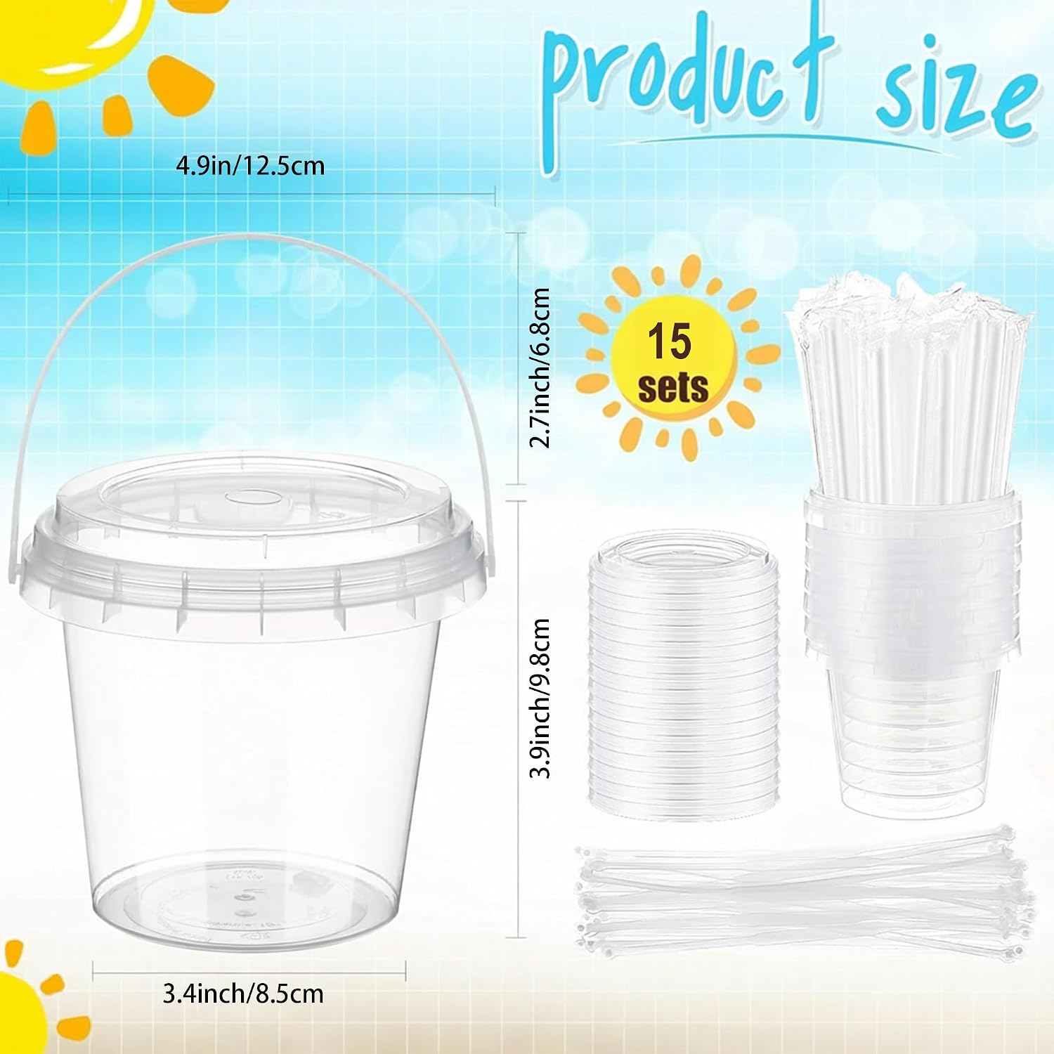 15 Sets 24 oz Clear Plastic Drink Buckets with Lids, Straws and Handles, PP Disposable Cups for Smoothies, Ice Cream, Outdoor Travel, Beach, Pool and Party Supplies