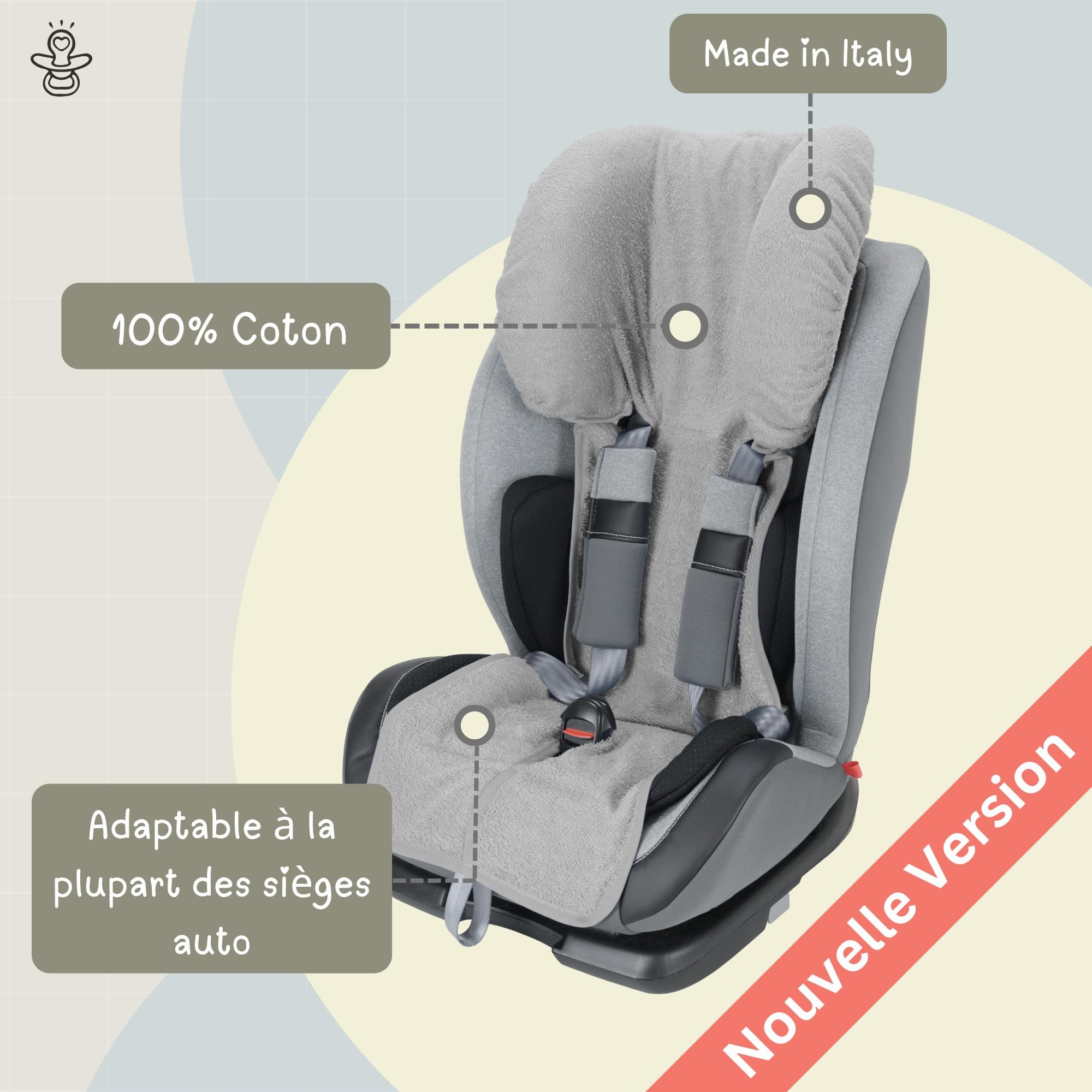 baby idea Housse siège Auto bébé Groupe 1/2/3 (9–36 kg) en éponge Coton 100% – Certifiée Oeko-Tex Standard 100 Respirante & Anti-Transpiration sans Rembourrage Fabriquée en Italie (Gris)