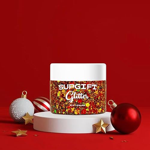 Miniatura 7 de SUPGIFT - Gel con purpurina para el cuerpo navideño, 4 colores, 8.5 onzas, holográfico, grueso, sirena, iridiscente, láser, estrella, flor y hojas,