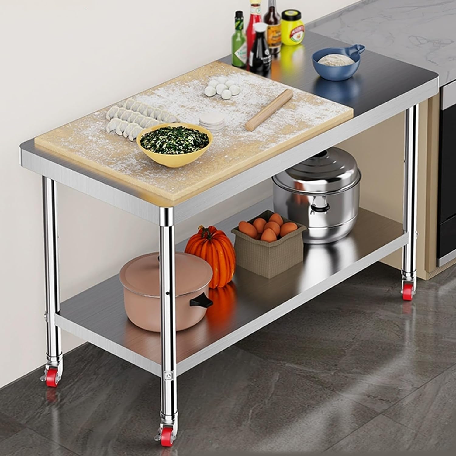 Stainless Steel Work Table, Stainless Steel Kitchen Prep Table, Heavy Duty Prep Worktable with Wheels, Commercial Workstation for Kitchen Restaurant(2layer,80x50x80cm)