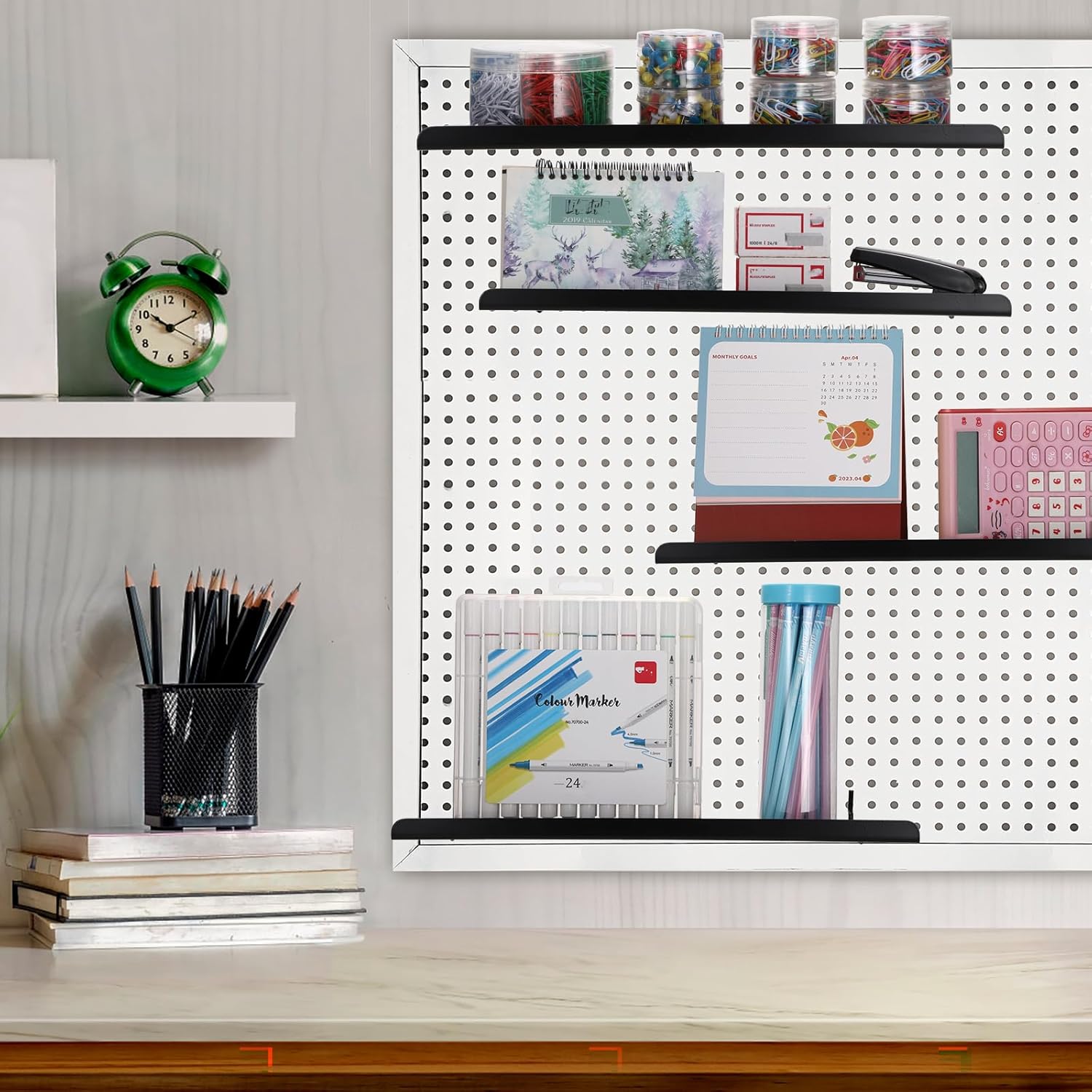 Kokone 4 Pack Pegboard Shelves with Lip - 15 x 5.5 in - Black, Metal Shelf Pegboard Steel Tray Pegboard Accessories for Storing or Displaying, Wall Organizer for Craft Retail, Garage, Workbench, etc