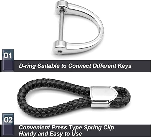 Vista 5 de INFIPAR Llaveros de cuero para llavero de automóvil, soporte de metal resistente con anillo en D para hombres y mujeres, 1 paquete, negro, largo